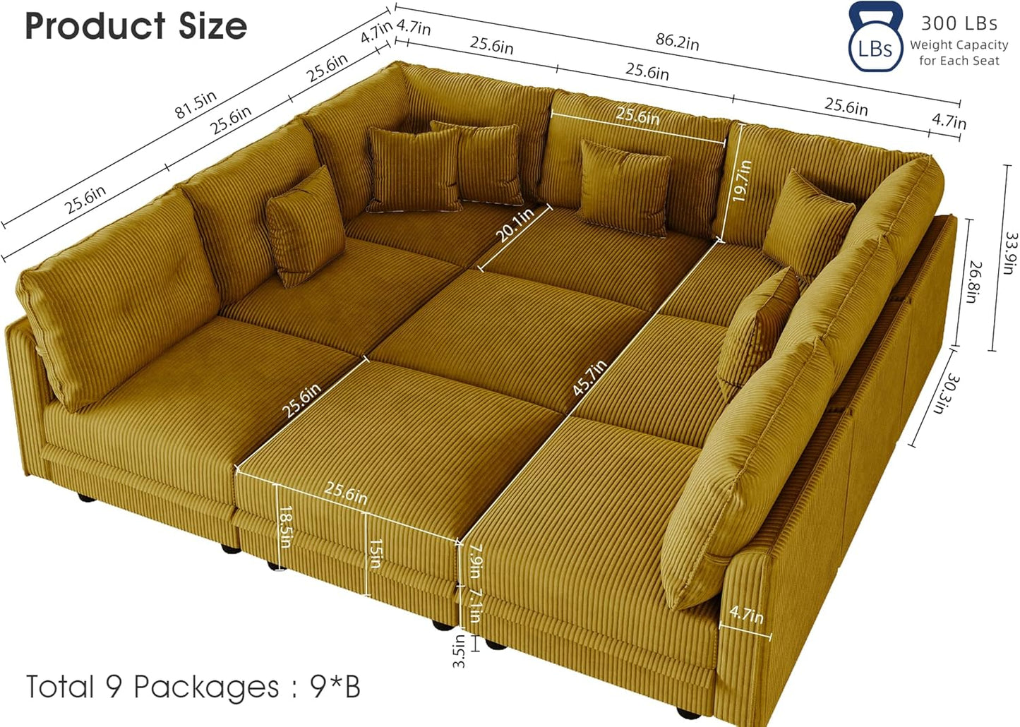 LLappuil U-Shaped Modular Sectional Sofa with Storage, 9-Seat Convertible Corduroy Couch with 9 Back Cushions & Throw Pillows, Large L-Shaped Sofa for Living Room, Yellow