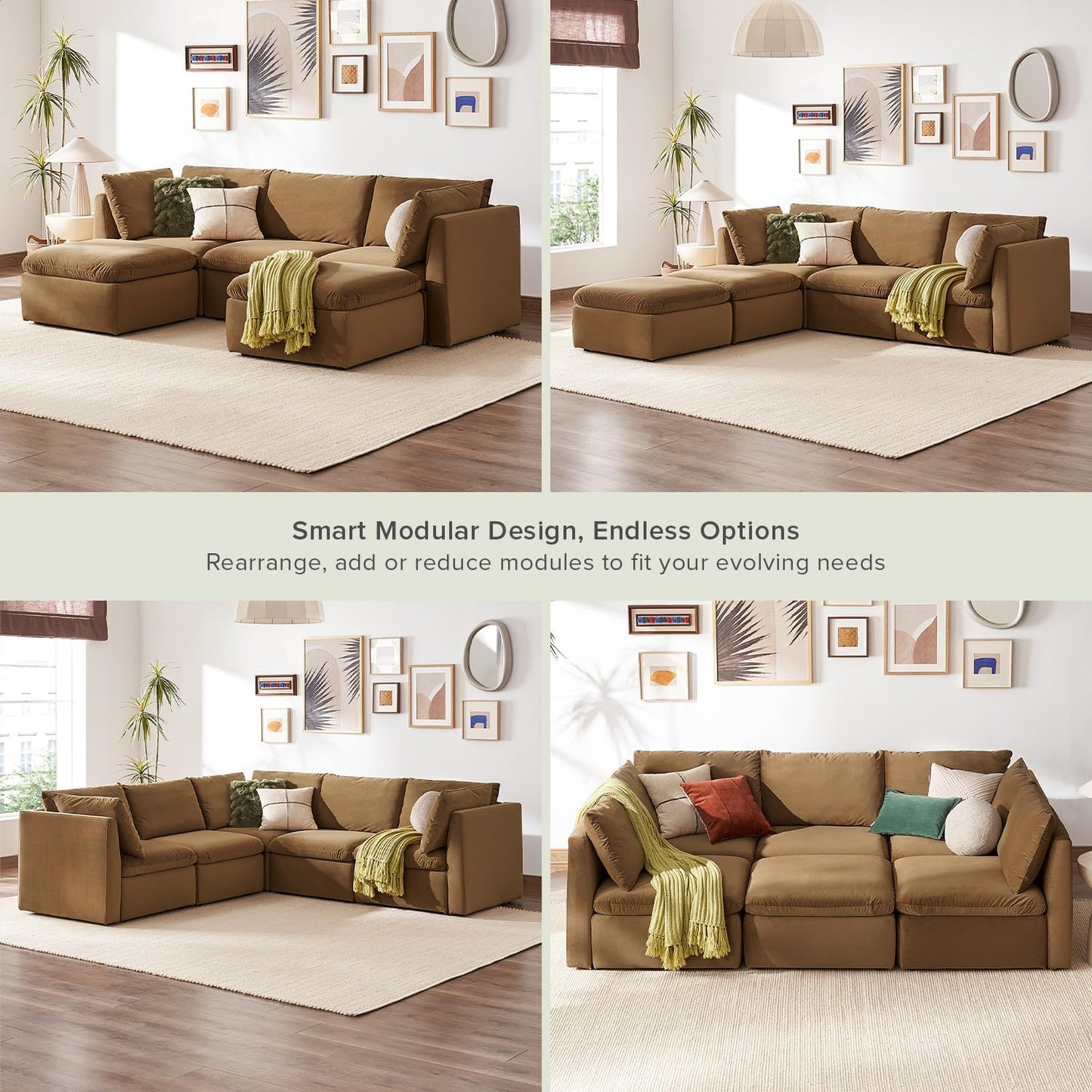 mopio Oversized Modular Sectional Sofa with Fully Removable Covers and Storage, Convertible U, L-Shaped and Sleeper Sectional, Modern Couches with Ottoman Chaise (Hazelnut Velvet, 5 Seats, U)