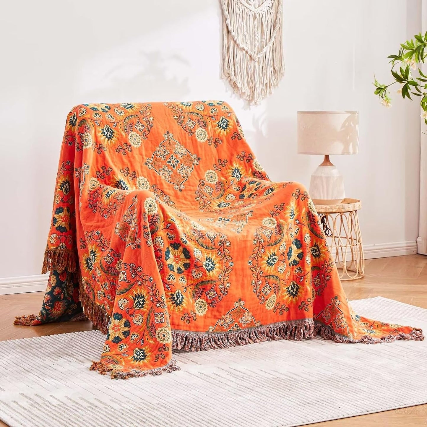 Boho Throw Blanket, 100% Cotton Ultra Soft Luxury Throw Rustic Quilt, 60"x80" Floral Printed Farmhouse Decor Bed Summer Blankets, All Season Rustic Reversible Bohemian Throw for Bed - Orange