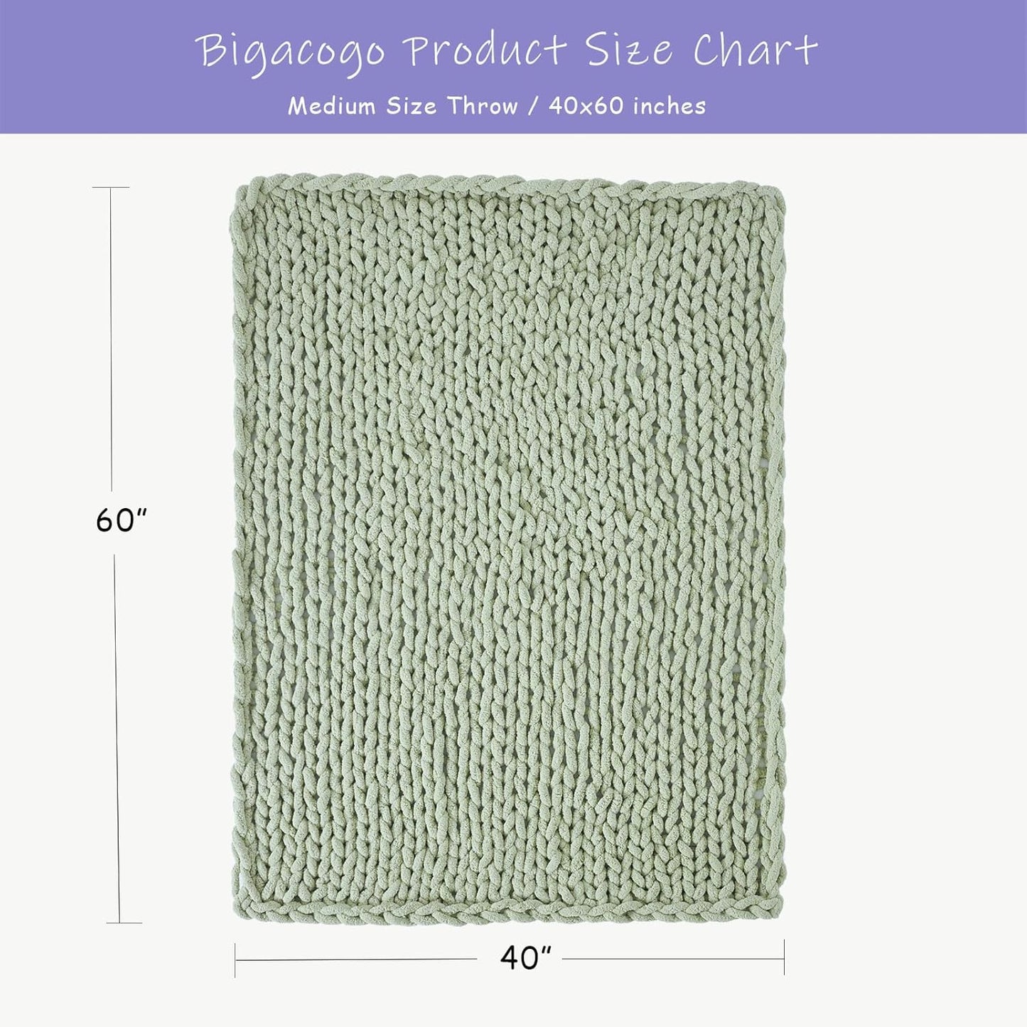 Bigacogo Chunky Knit Throw Blanket for Couch, 40x60 inches, 100% Hand Knitted with Thick Jumbo Chenille Yarn, Cozy Soft Large Rope Knot Cable Crochet Blankets for Sofa Bed Living Room, Sage Green