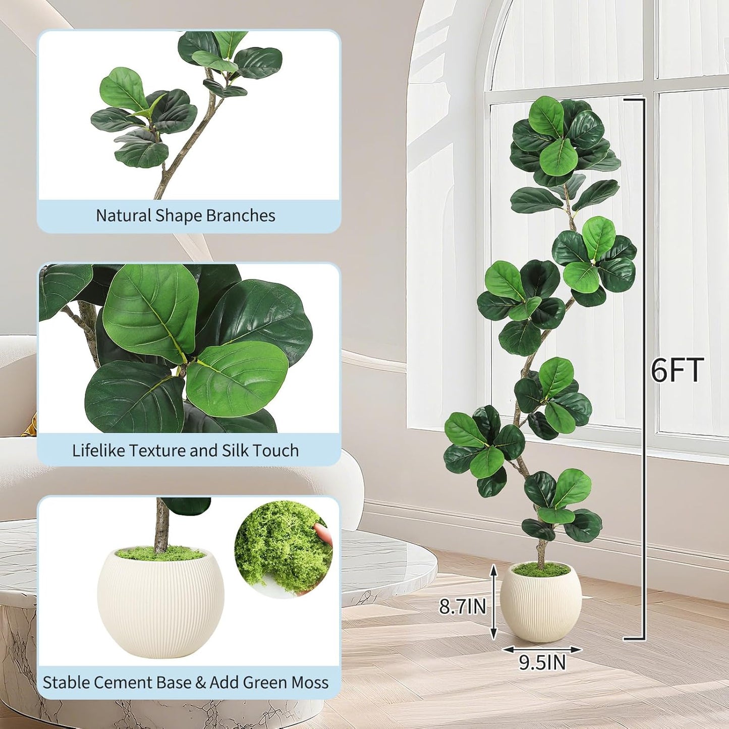 GarveeHome Fiddle Leaf Fig Artificial Tree with White Planter,6ft Faux Plants Indoor with Moss, Fake Rubber Tall Fake Floor Plant in Pot - Artificial Trees for Home Office Living Room Decor
