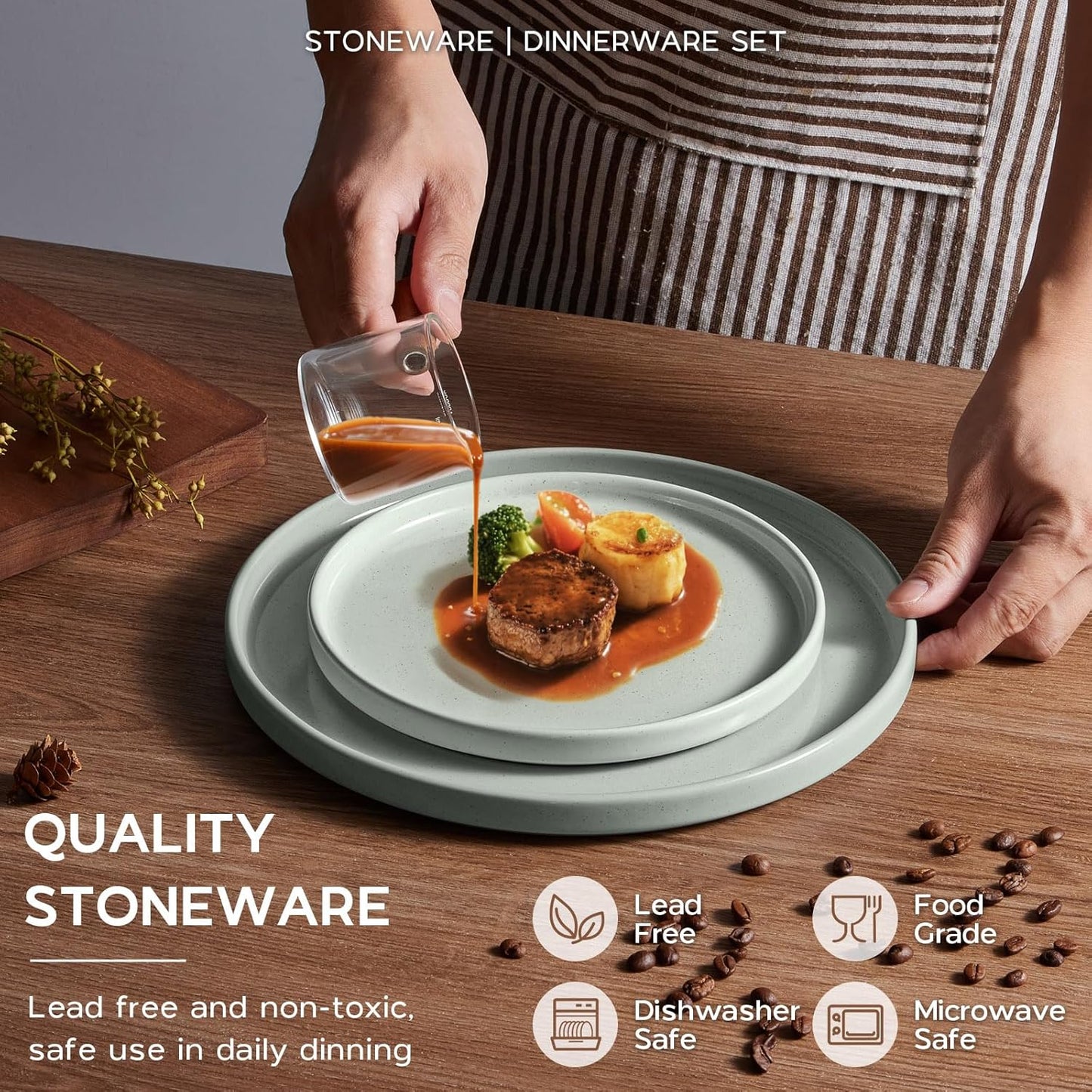 Onader Speckled Dinnerware Set for 4 with Pasta Bowl, 16 Piece Stoneware Plates and Bowls Dishes Set, Microwave & Dishwasher Safe – Pale Sage Green