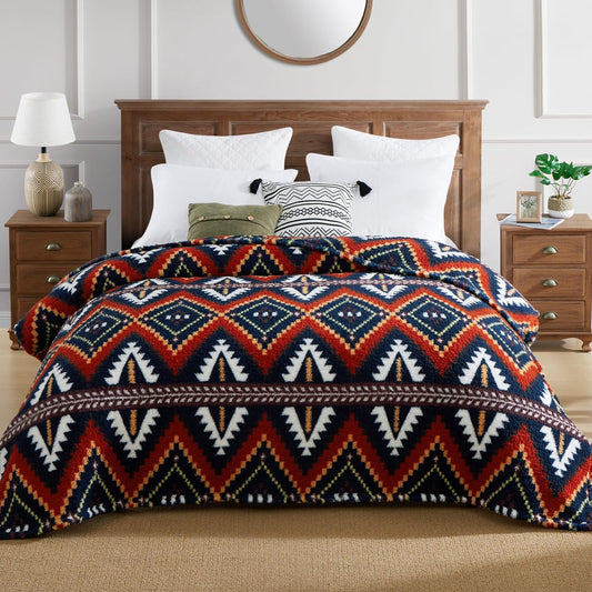 CASAAGUSTO Boho Sherpa Throw Blanket, Aztec Queen Blanket, Ultra Soft, Warm, Cozy, Plush, Thick Fleece Bohemian Throw Blanket for Couch, Bed, Sofa (Navy Blue 90 * 90 Inch)