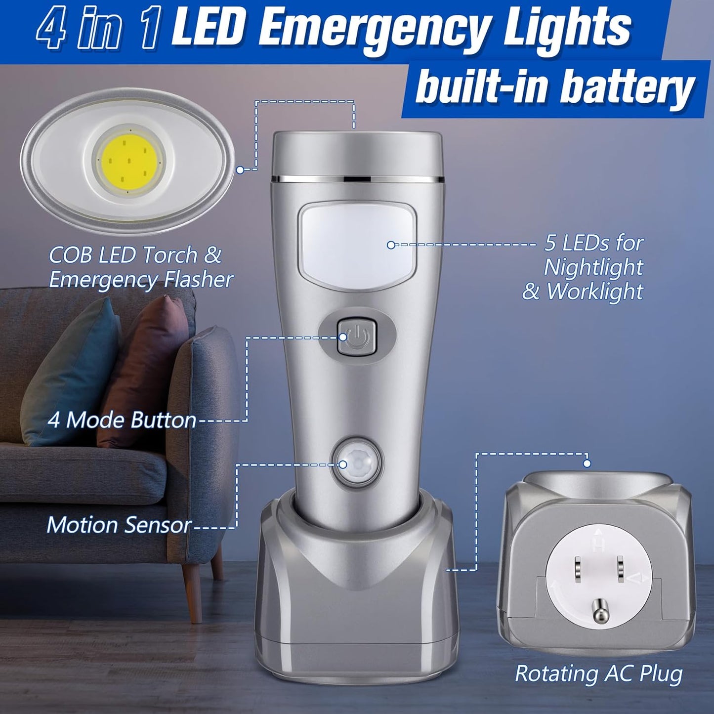 Enhon 4 Pack 4 in 1 LED Emergency Lights for Home Power Failure, Rechargeable Plug in Flashlight Motion Sensor Night Light, Automatic Turn On Power Outage Light for Home Hurricane Supplies