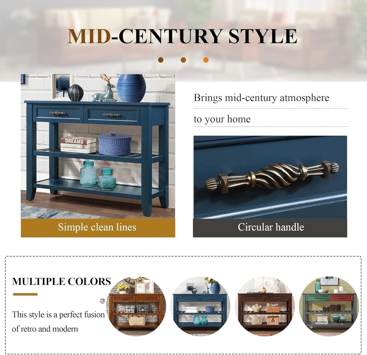 Solid Wood Console Table Entryway Table with Storage Drawers and Shelves Sofa Table for Entry Hallway Foyer(42" Navy Blue)