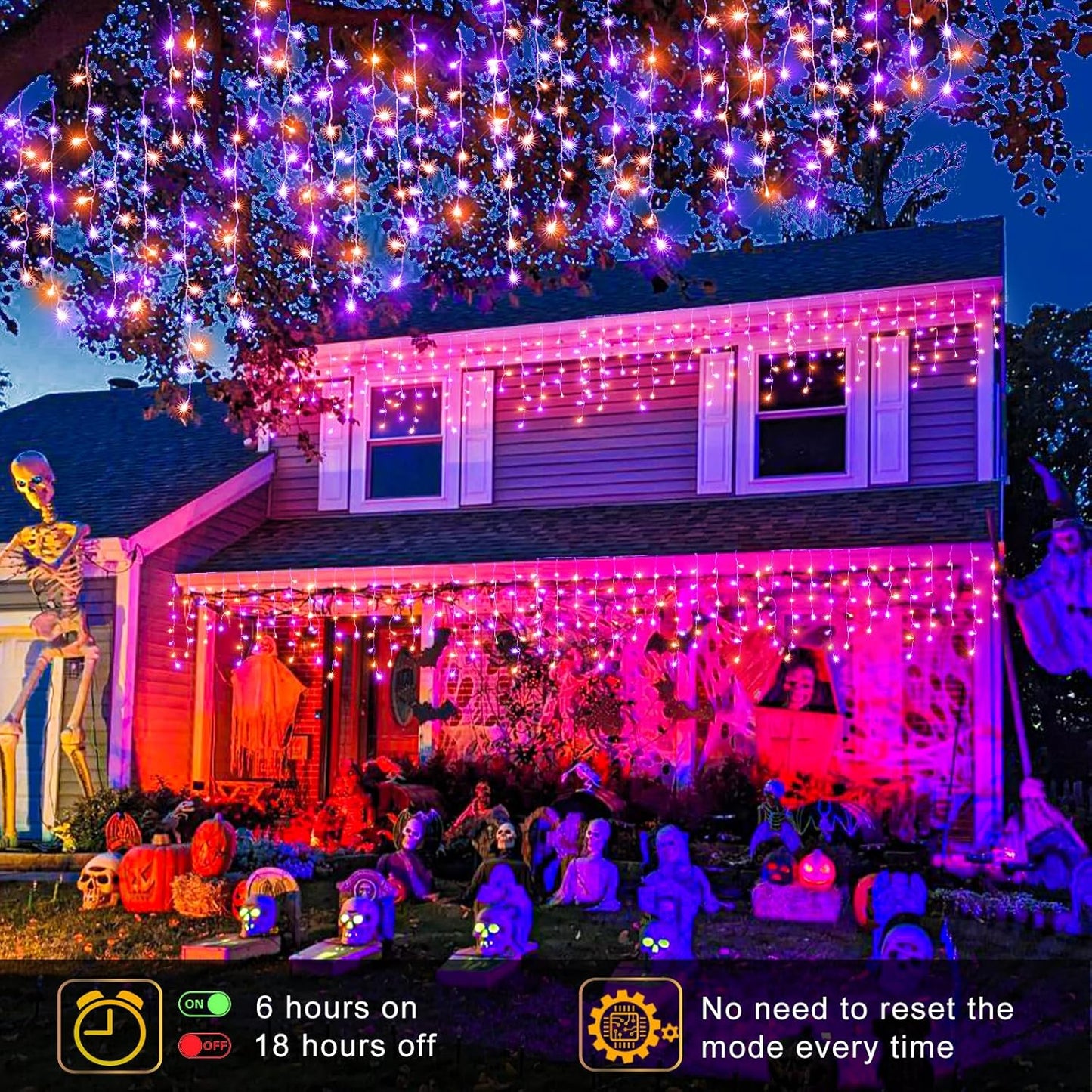 Orange and Purple Halloween Lights Outdoor, 33FT 400 LED Icicle Lights for Outside with Waterproof 8 Modes, Plug in Timer String Twinkle Light for Indoor House Yard Party Holiday Decorations