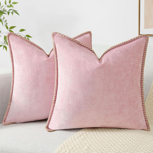 decorUhome Chenille Soft Throw Pillow Covers 18x18 Set of 2, Farmhouse Velvet Neutral Decorative Euro Pillow Covers with Stitched Edge for Couch Sofa Bed Home Decor, Blush Pink