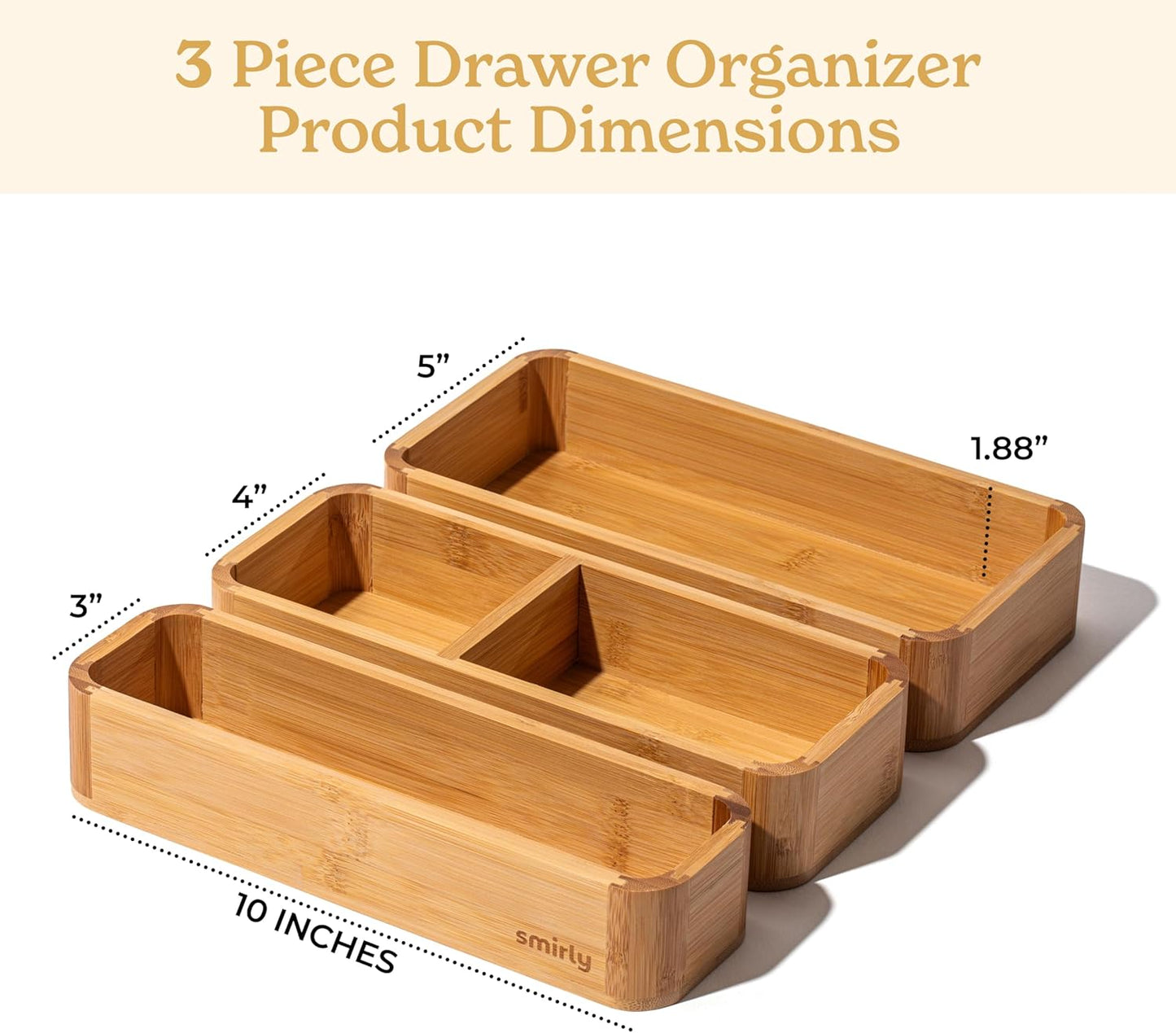 SMIRLY 3-Piece Bamboo Kitchen Drawer Organizer Set for Large and Small Utensils, Multi-use Storage Box - Bathroom, Nightstand, Jewelry, Cutlery, Knife, Spice, Towel, Junk Drawer Tray