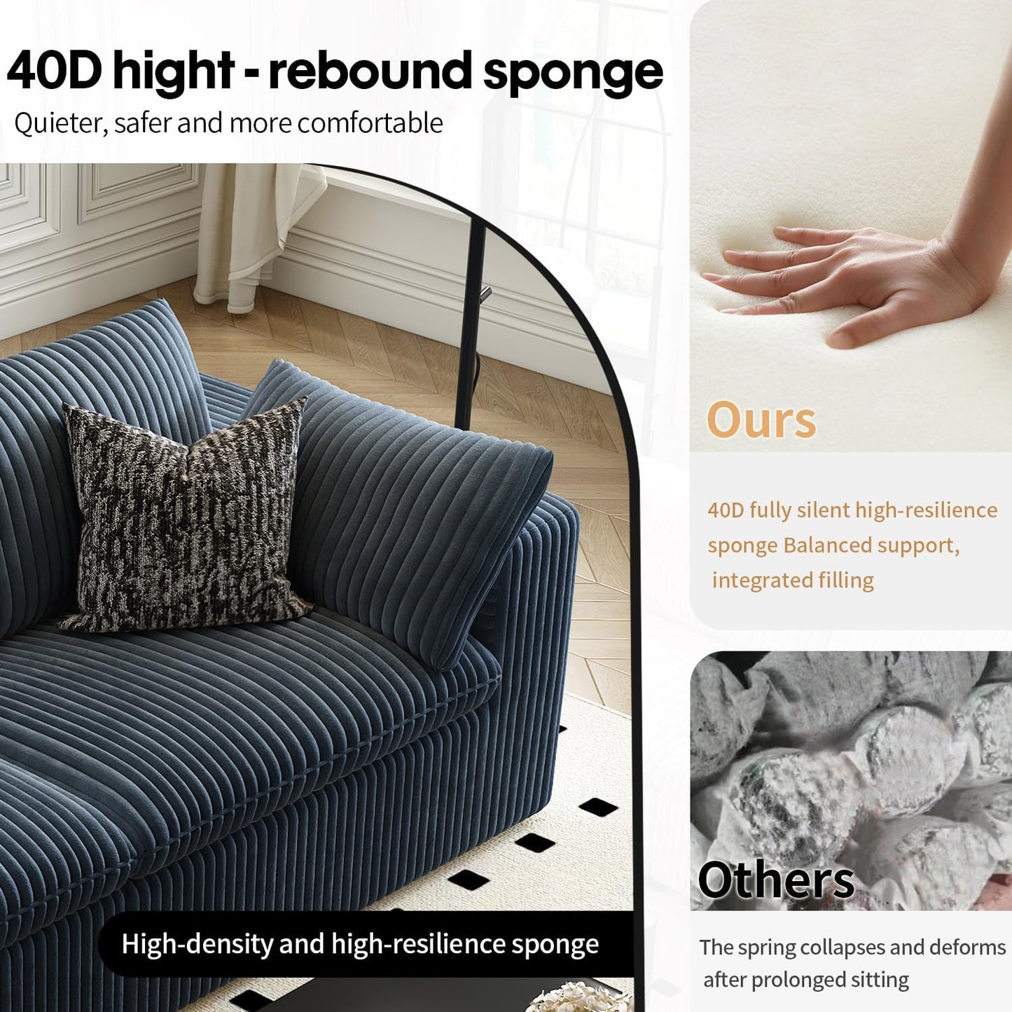 118" Cloud Couch Modular Sectional Sofa for Living Room,Modern Sofa with Deep Seat，L-Shape Boneless Couch with Ottoman,Comfy Upholstered Corduroy Couches for Apartment, Studio, Office,Bedroom，Blue