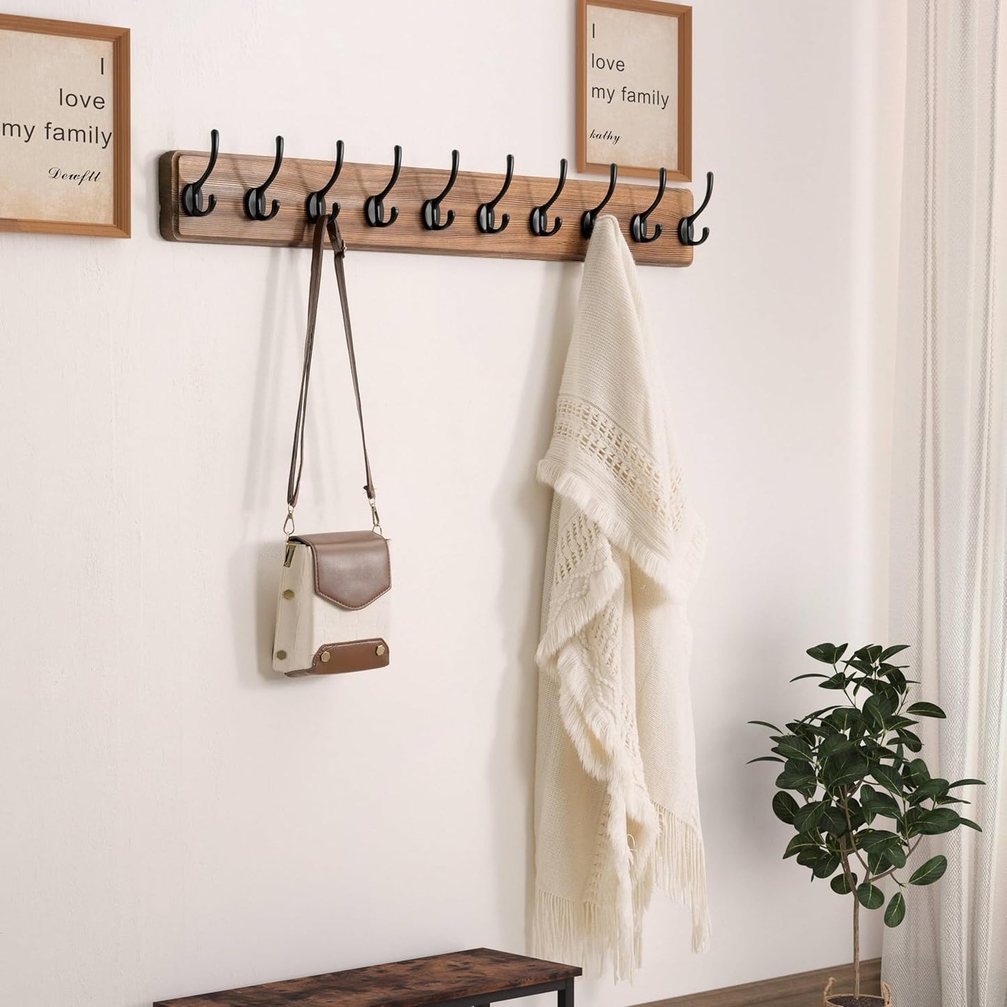 Dseap Wall Mounted Coat Rack: 38-1/4" Long, Patented, Heavy-Duty, 10-Double-Hooks Wooden Hanger Rail for Winter Coats, Hat, Jacket, Clothing - Natural & Black