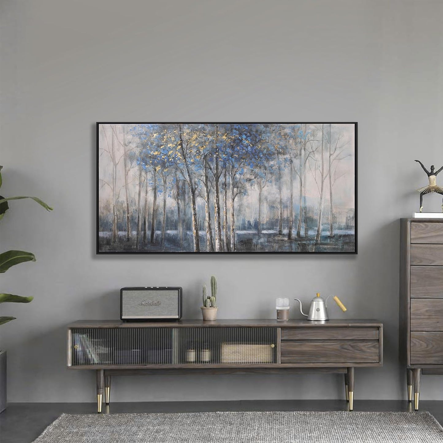 Abstract Canvas Wall Art Modern Abstract Artwork Canvas Prints Framed Canvas Picture Blue Embellishments Plant Grey Misty Forest Abstract Tree Contemporary Wall Art Bedroom Living Room Office