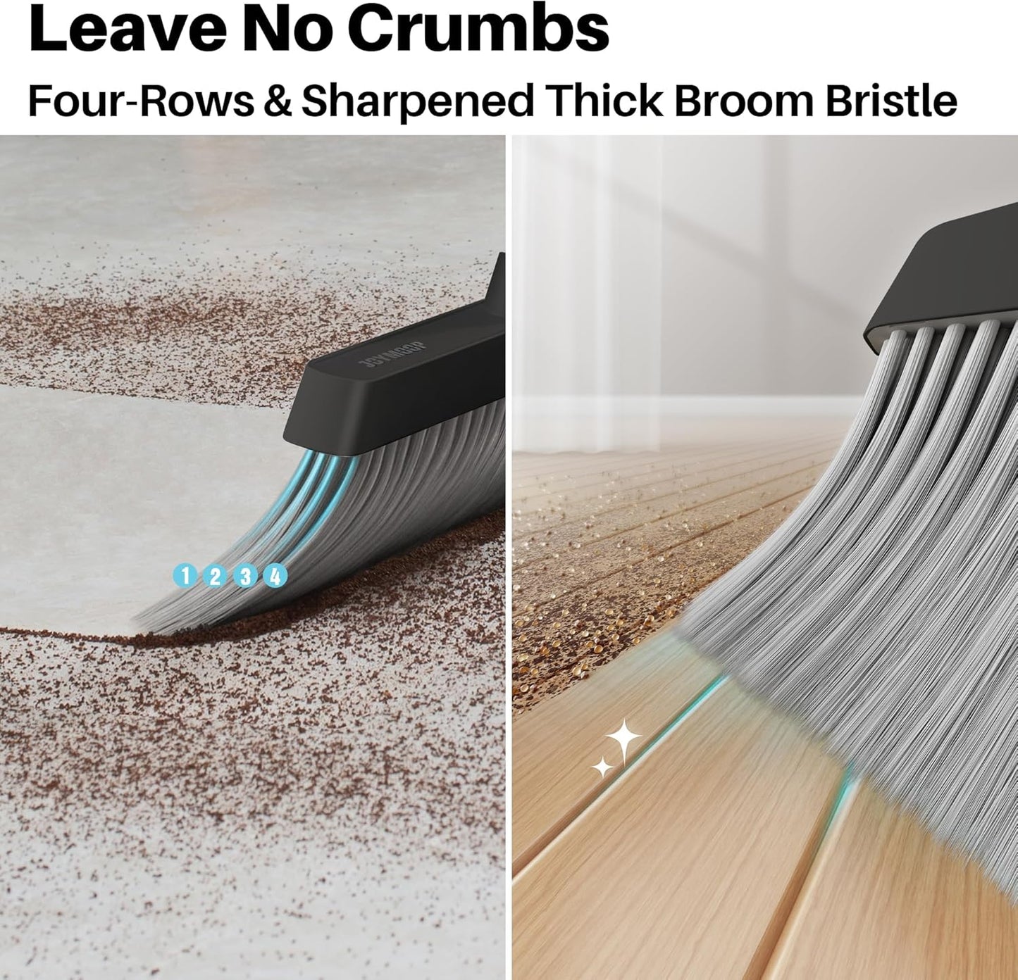 JOYMOOP 2 Pack Broom and Dustpan Set, Black and White Combo, Upright Angle with Built-in Comb Teeth for Pet Hair and Hard Floors