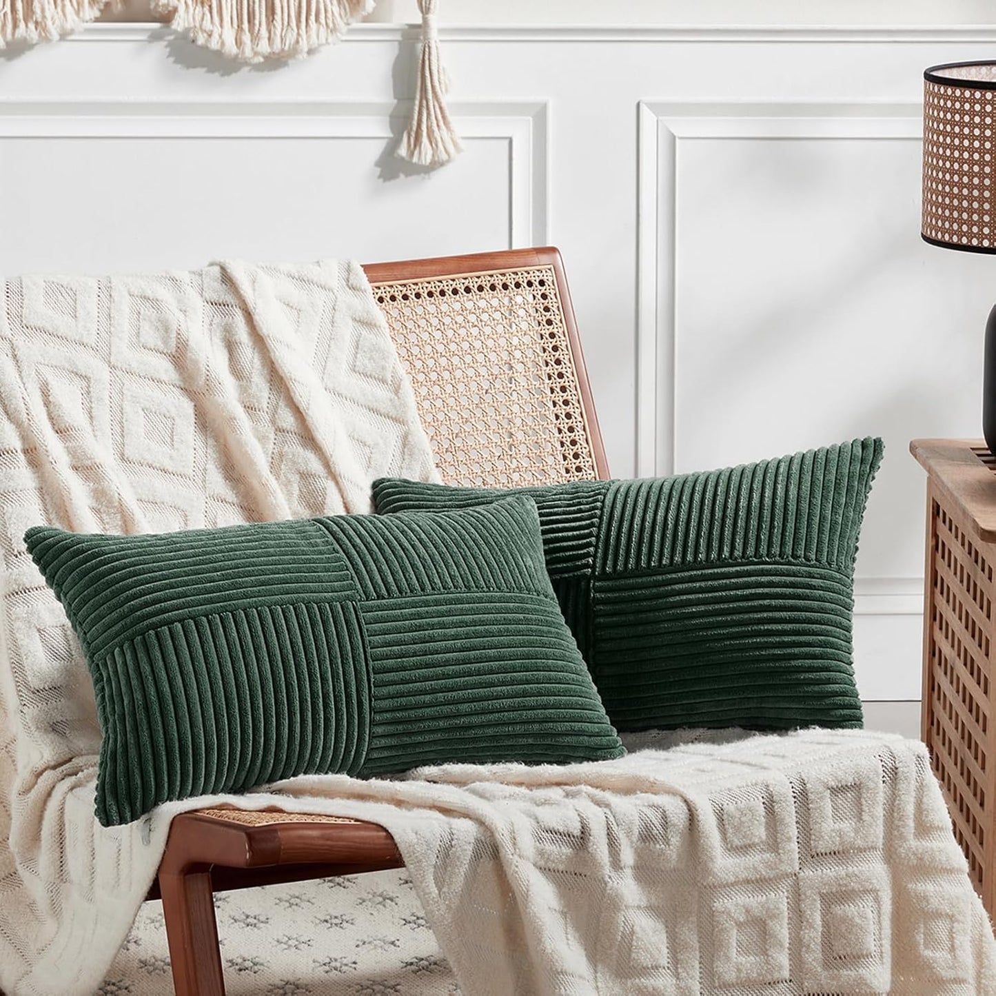 Fancy Homi Set of 2 Dark Green Long Lumbar Decorative Throw Pillow Covers 16x24 Inch for Living Room Couch Bed, Boho Farmhouse Forest Green Home Decor, Soft Corduroy Corss Textured Cushion Case