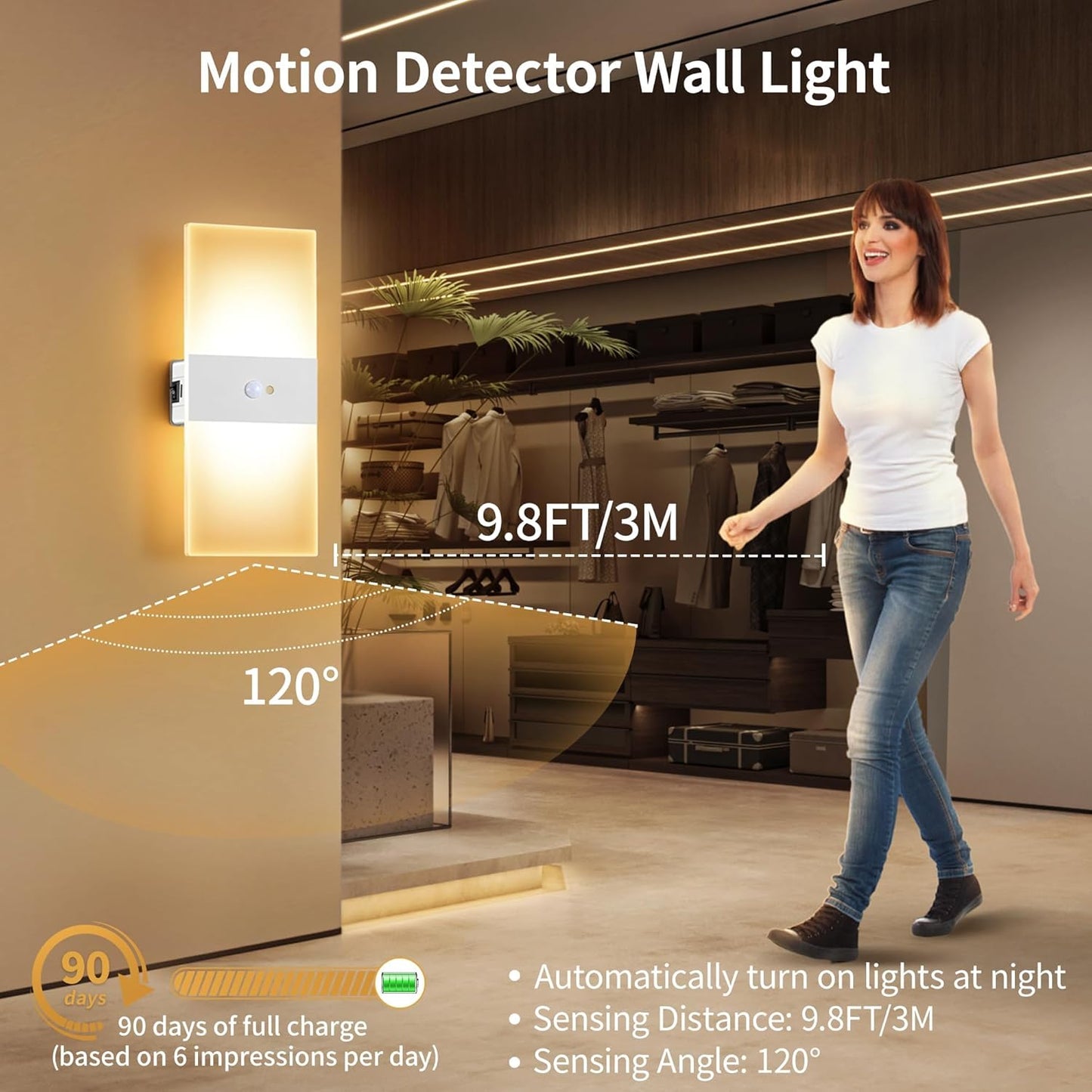 2pcs Motion Sensor Wall Sconces, Battery Operated Wall Sconce, Indoor Rechargeable USB Wall Light, Magnetic Wireless Warm White Energy Saving Wall Lamp for Hallway, Staircases, Living Room