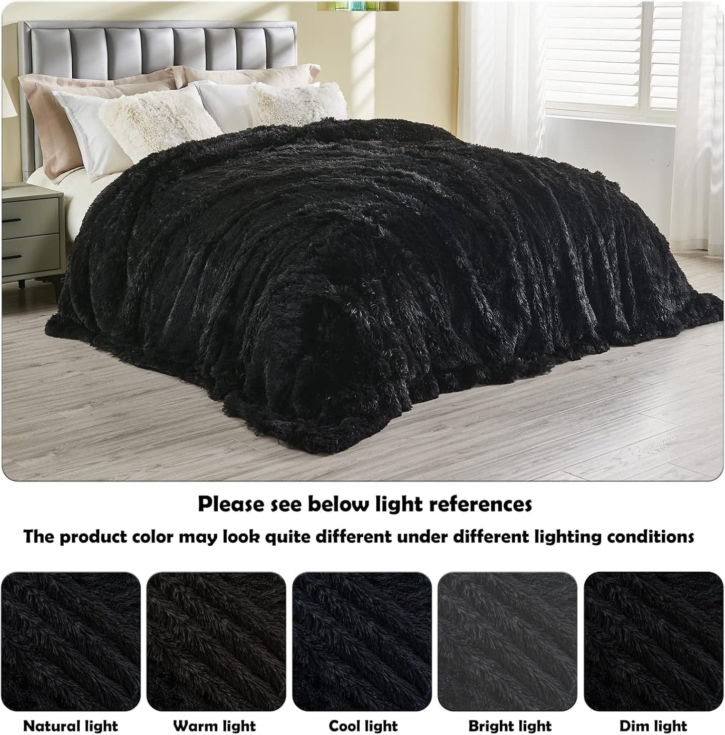 GONAAP Fuzzy Faux Fur Throw Blanket Queen Size Black Super Soft Cozy Plush Fuzzy Shaggy Blanket for Couch Sofa Bed (Black, Queen(90"x90"))