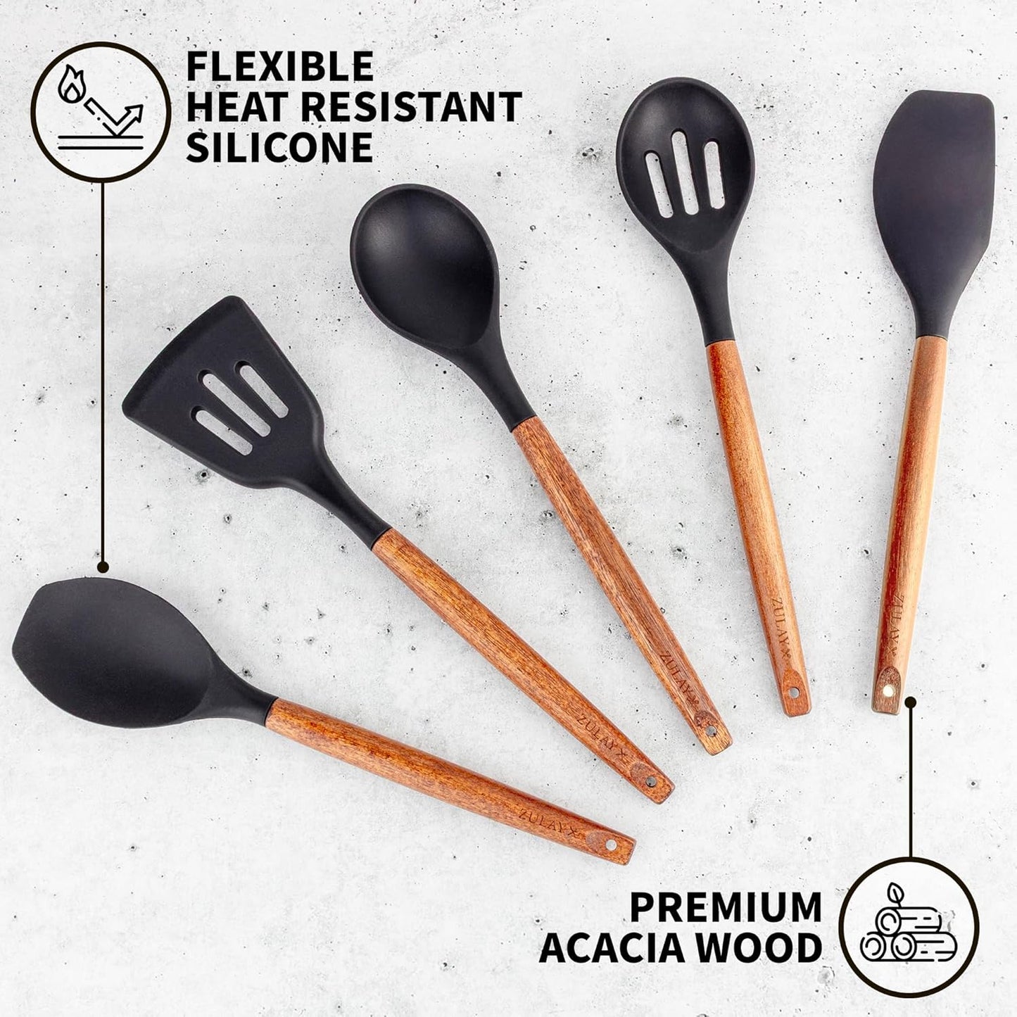 Zulay Kitchen Non-Stick Cooking Utensils Set with Authentic Acacia Wood Handles – 5-Piece Durable & Stylish Silicone Kitchen Utensils Set – Heat Resistant to 464°F – Black