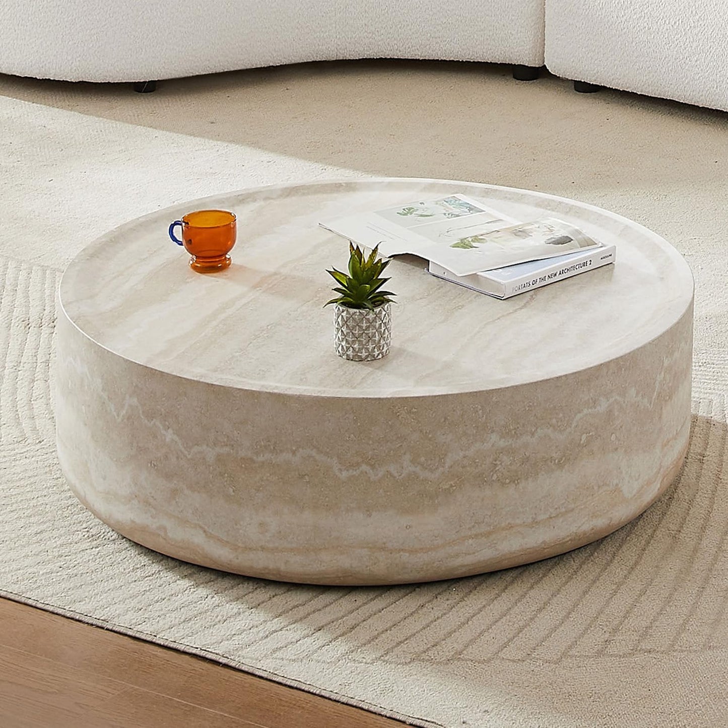 Faux Marble Coffee Table, Modern Round Coffee Table for Living Room, Circle Drum Coffee Side Tables, Fiberglass Center End Table for Small Place Apartment Office (31.49" Marble)