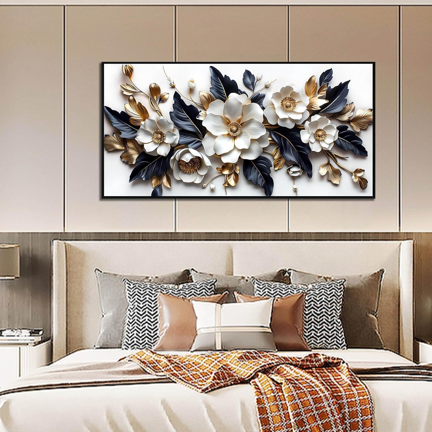 White Flower Wall Decor for Living Room - Modern Blue White and Gold Wall Art Bedroom - Black Framed Wall Art Size 24" x 48"