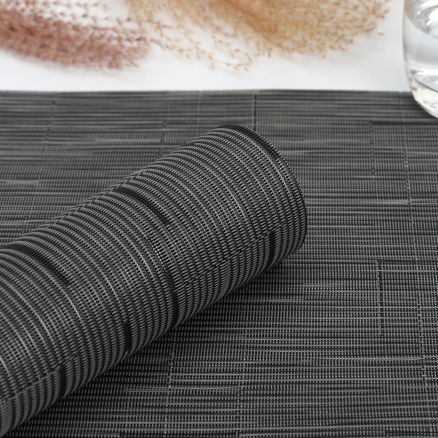 Myir JUN Placemats Set of 4, Vinyl Woven Placemats Place Mats Indoor Set of 4 Washable Table Mats Non-Slip Place mats for Dining Table (Black-Gray, Set of 4)