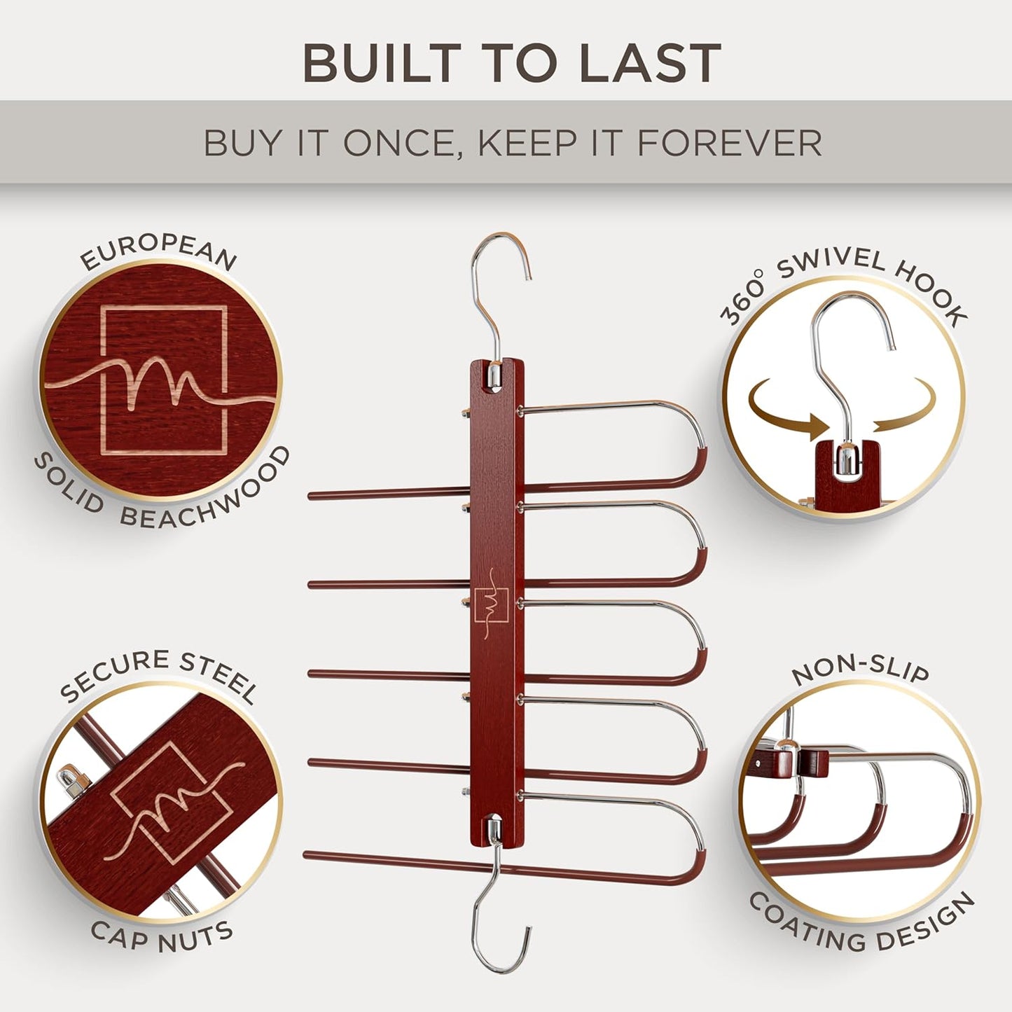 MORALVE Pants Hangers Space Saving - European Beechwood Scarf and Jean Hangers - Closet Organizer and Space Saver Pant Rack, Leggings Hanger, and Scarf Holder with 360° Swivel Hook (1 Pack)