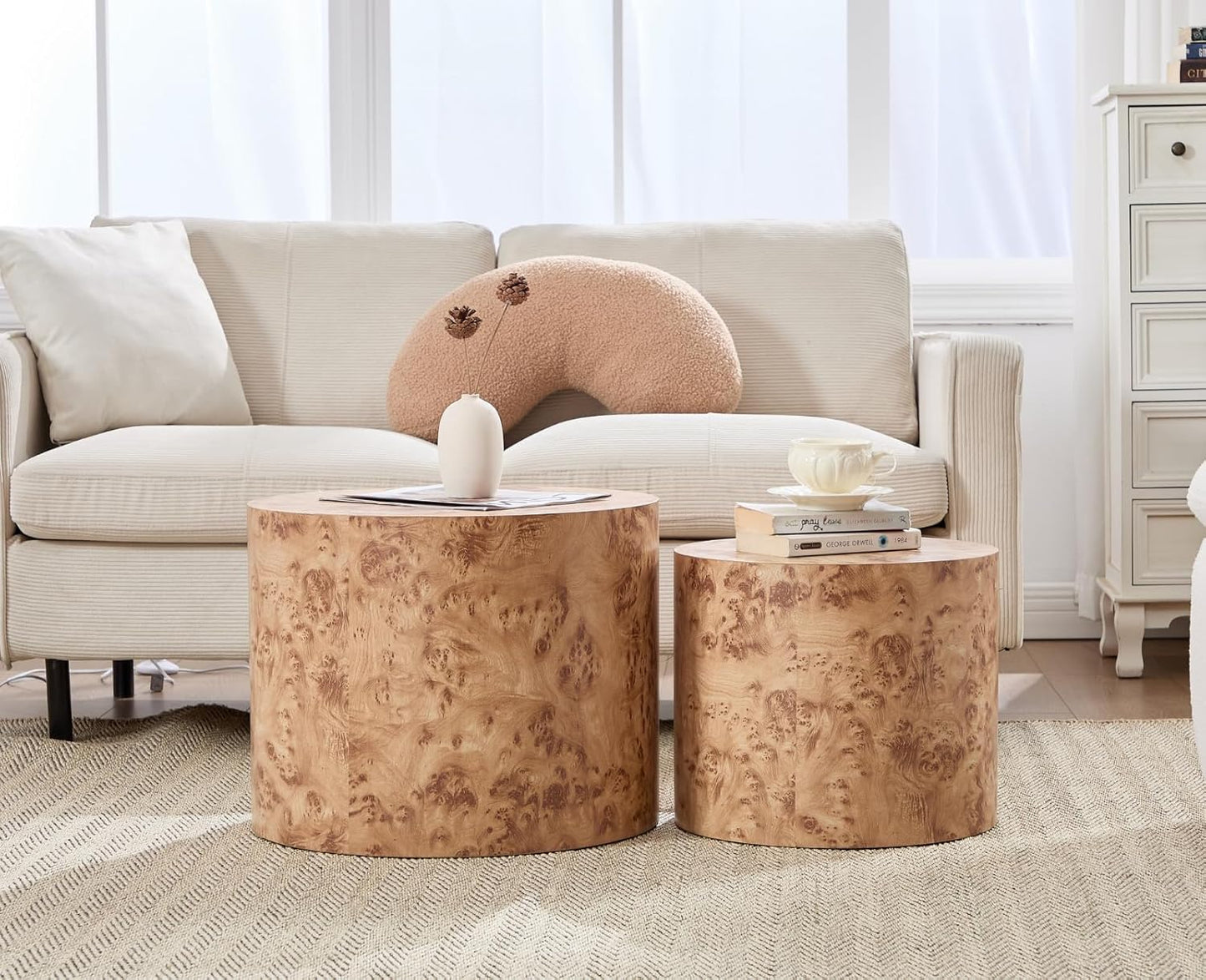 EALSON Nesting Coffee Tables Set of 2 Farmhouse Small Round End Tables Modern Wood Circle Side Table Drum Table for Living Room Small Spaces Bedroom Balcony, No Assembly, Natural Burl