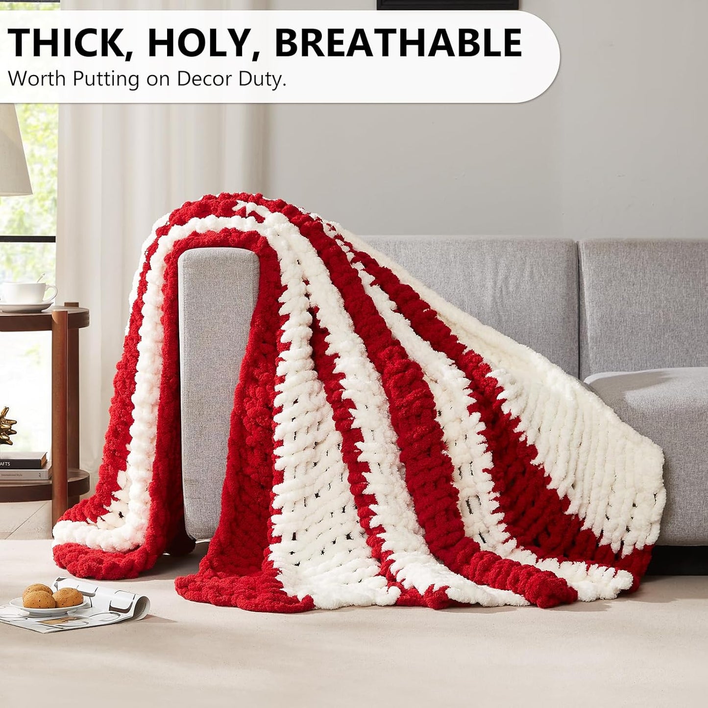 L'AGRATY Chunky Knit Blanket Throw - Soft Chunky Throw Blanket 30x40: 100% Hand Kintted Chenile Crochet Throw Blanket for Couch - Large Cable Knit Chunky Blanket for Home Decor(Red and White)