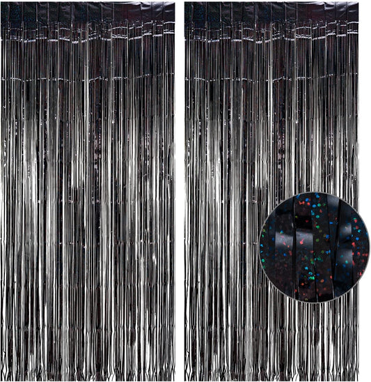 Black Tinsel Curtain Party Backdrop - GREATRIL Party Streamers Backdrop Foil Fringe Curtains for Birthdays/Wizard Halloween Decorations - 1m x 2.5m - Pack of 2