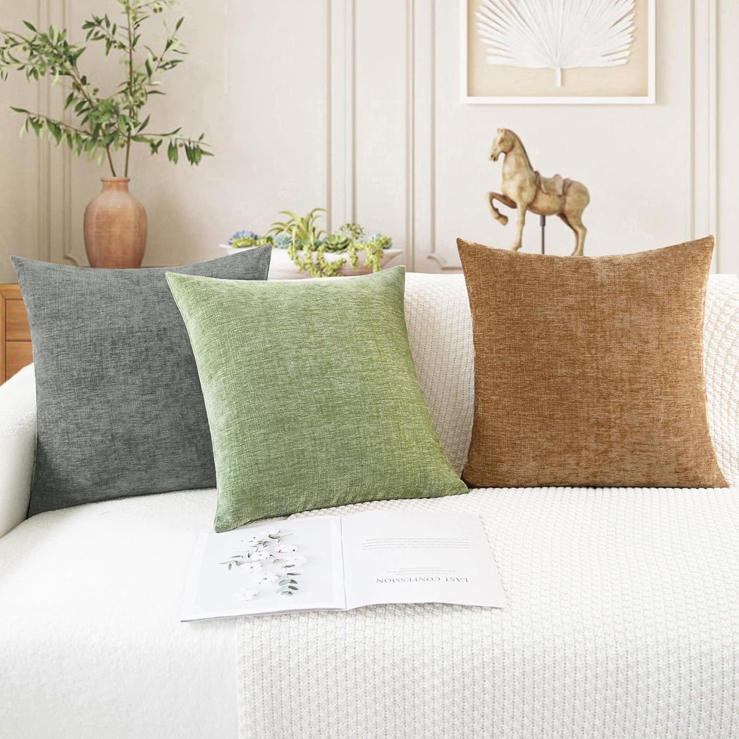 CaliTime Throw Pillow Covers Decorative 22 X 22 Inches Pack of 2 Cozy Chenille Cushion Cases for Couch Sofa Bed Living Room Home Apricot Brown