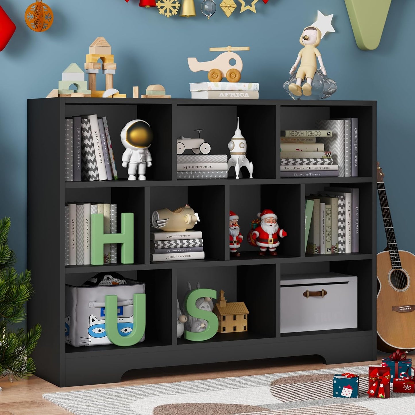 Book Shelf Set of 2, 10 Cubes Storage Organizer, 3-Tier Open Bookshelf Wooden Bookcase, Freestanding Black Bookshelf Cube Shelf for Bedroom, Living Room, Home Office