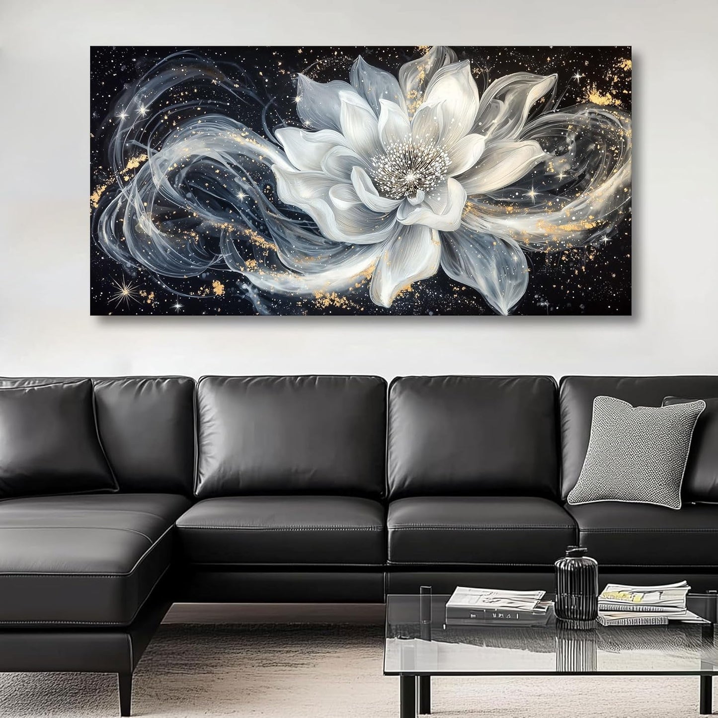 QZQCBLC Large Wall Art, Black and White Lotus Wall Art Modern Abstract Flower Pictures Gold Silver Canvas Painting Artwork for Living room Bedroom kitchen Home Office Decor 29x58 IN