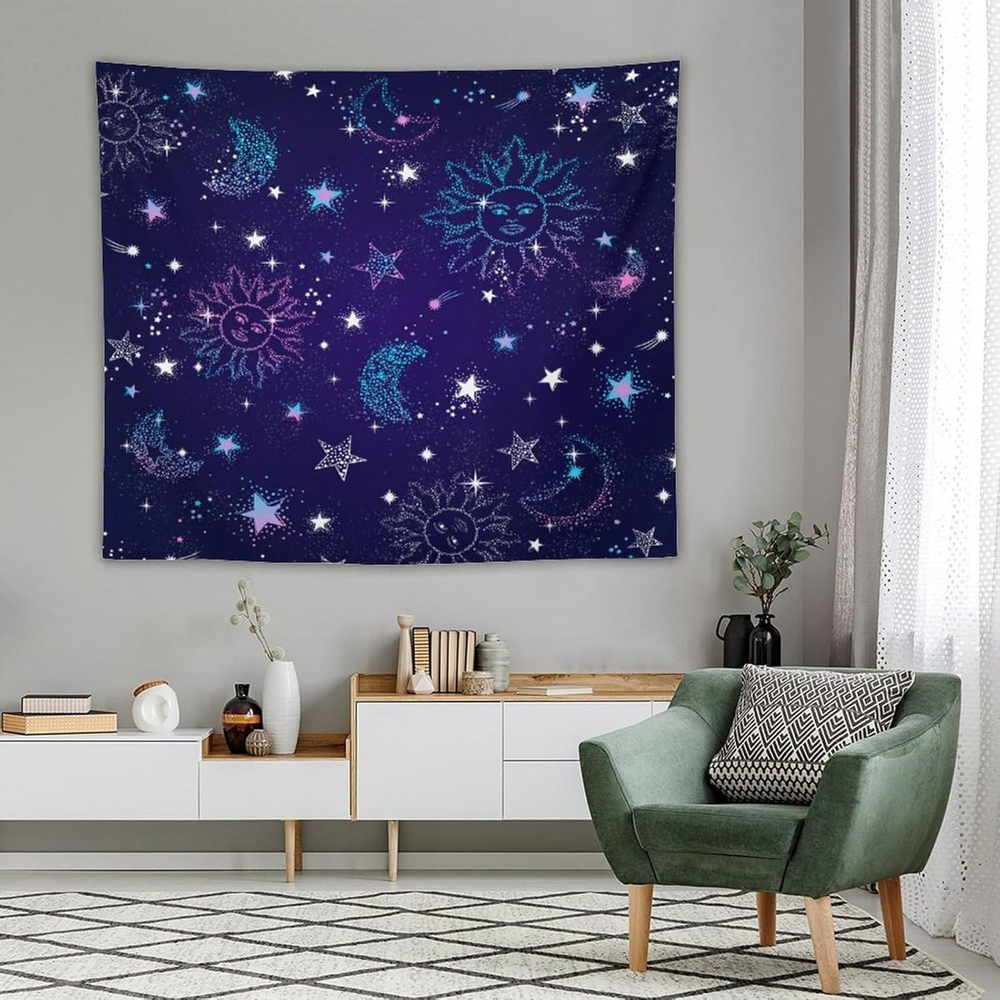 HZOHNAGO Boho Sun Moon Tapestry Purple Blue Sun Stars Galaxy Pattern Printed Wall Tapestry Wall Hanging for Bedroom Living Room Dorm 60" W x 50" H