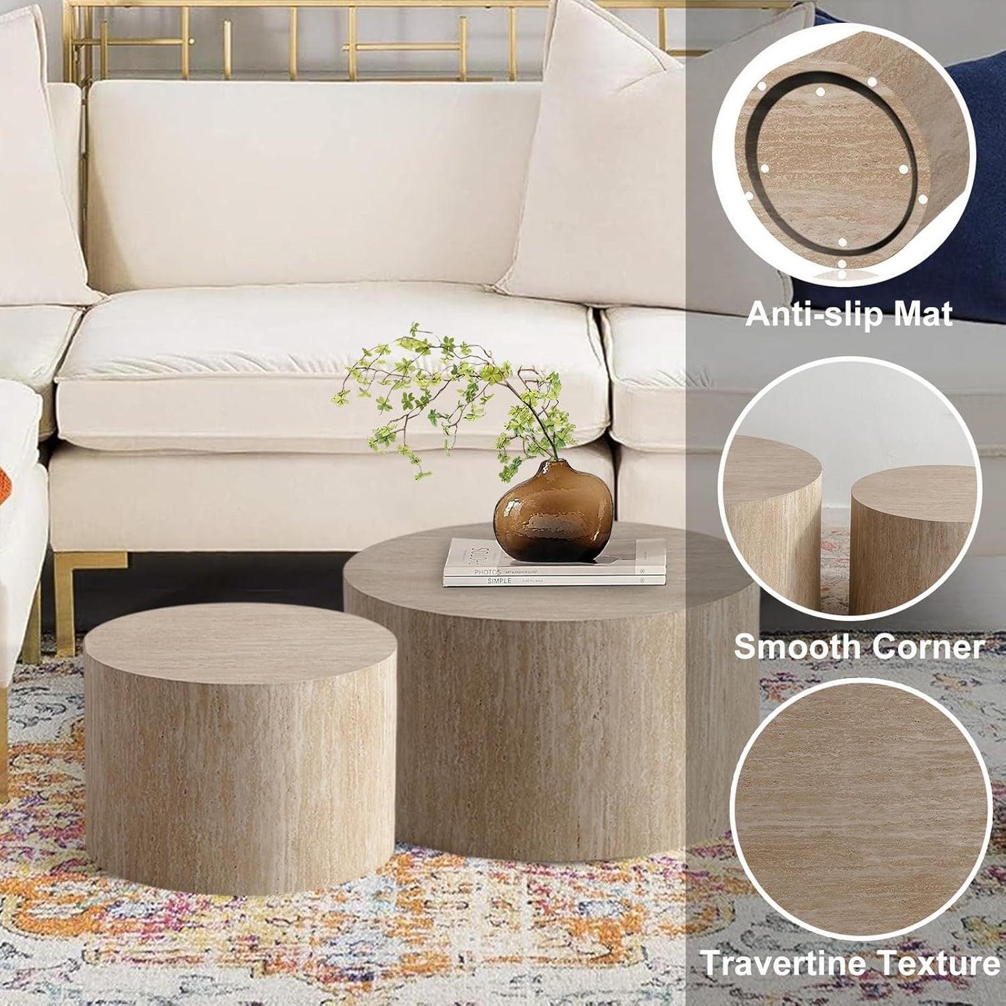 Round Nesting Coffee Table Set of 2, Modern Coffee and End Table Set Small Circle Wooden Drum Side Table Accent End Tables for Living Room Office, No Assembly,Travertine Large