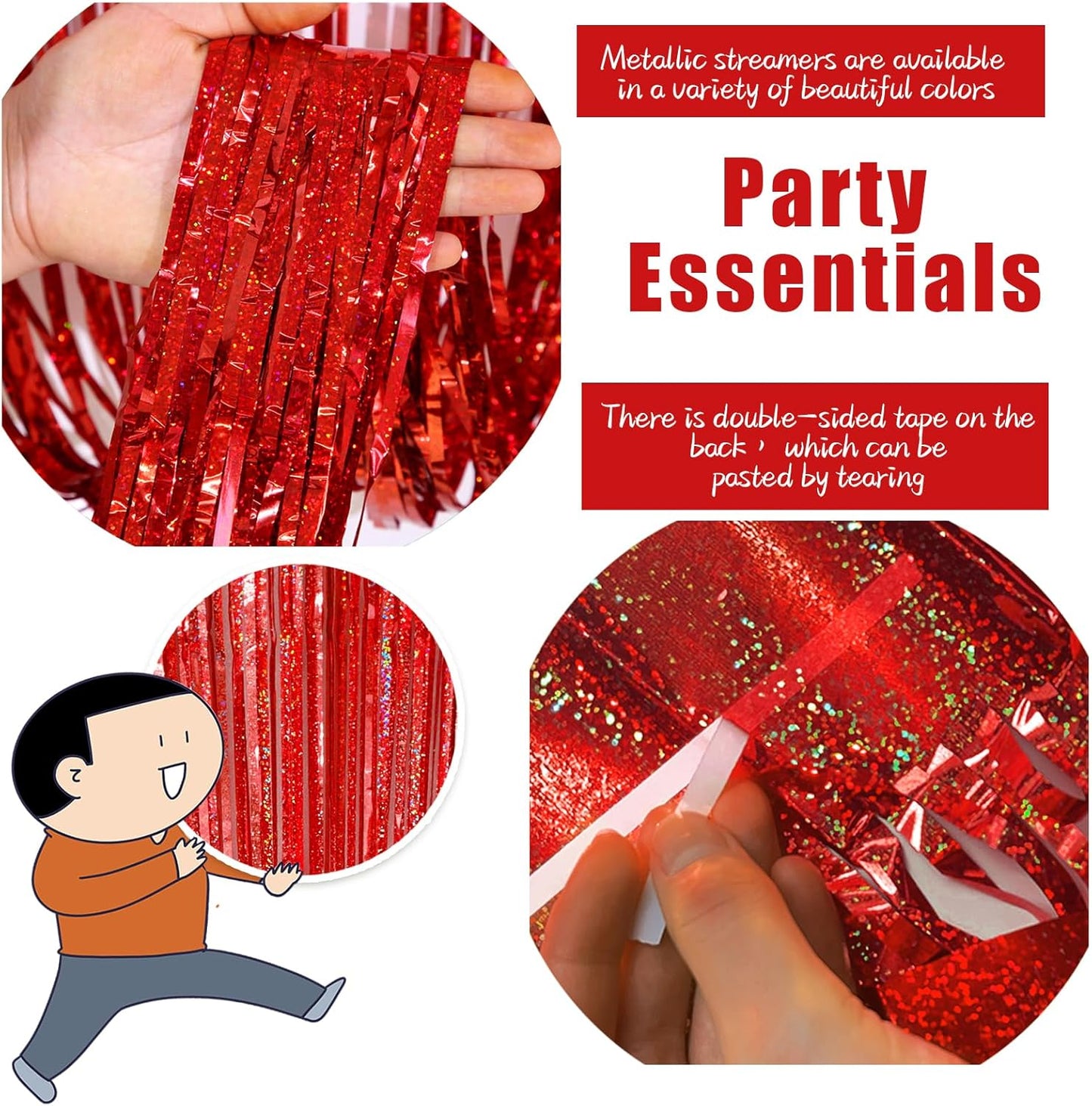 3 Pack Red Streamers Party Backdrop Christmas Decorations Foil Fringe Backdrop Curtains Carnival Casino Theme Birthday New Year Holiday Celebration Bachelorette Party Decorations Supplies