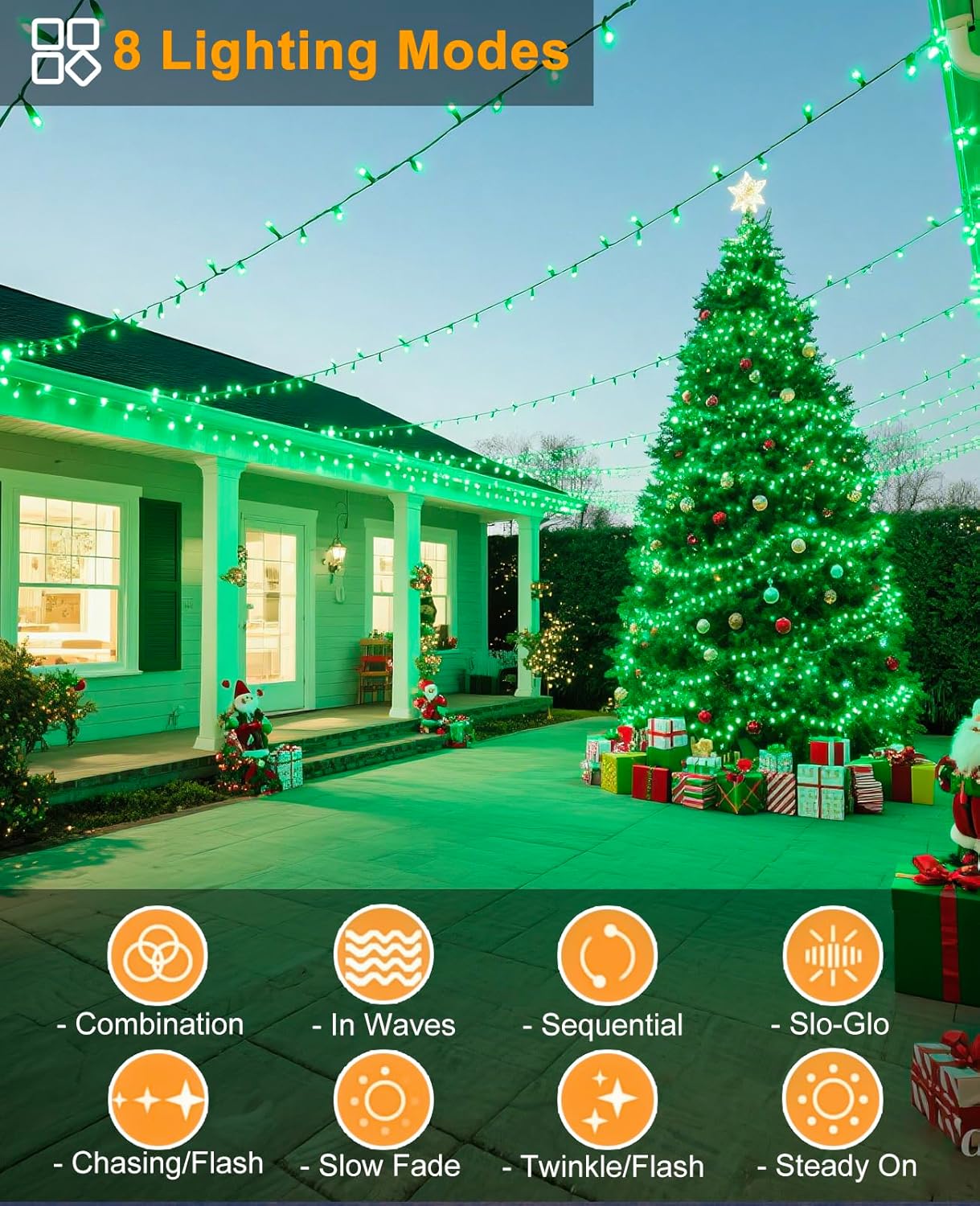 Christmas Lights Outdoor, 80FT 240 LED Christmas Tree Lights, Waterproof & 8 Modes & Timer, Connectable Green Wire String Light for Indoor Home Garden Xmas Party Holiday Decorations, Green