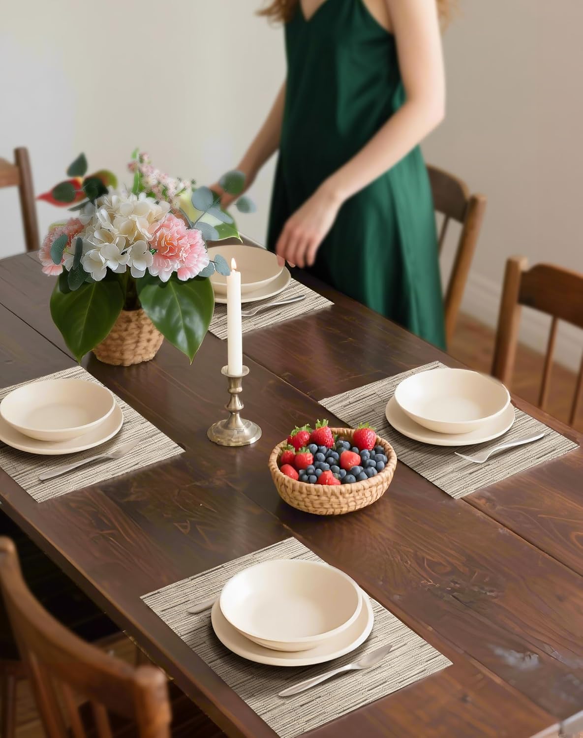 Leetaltree Light Brown Placemats Set of 8 - Heat Resistant Non-Slip Place mats for Dining Table, Washable Durable PVC Vinyl Woven Table Mats（Light Brown, 8）