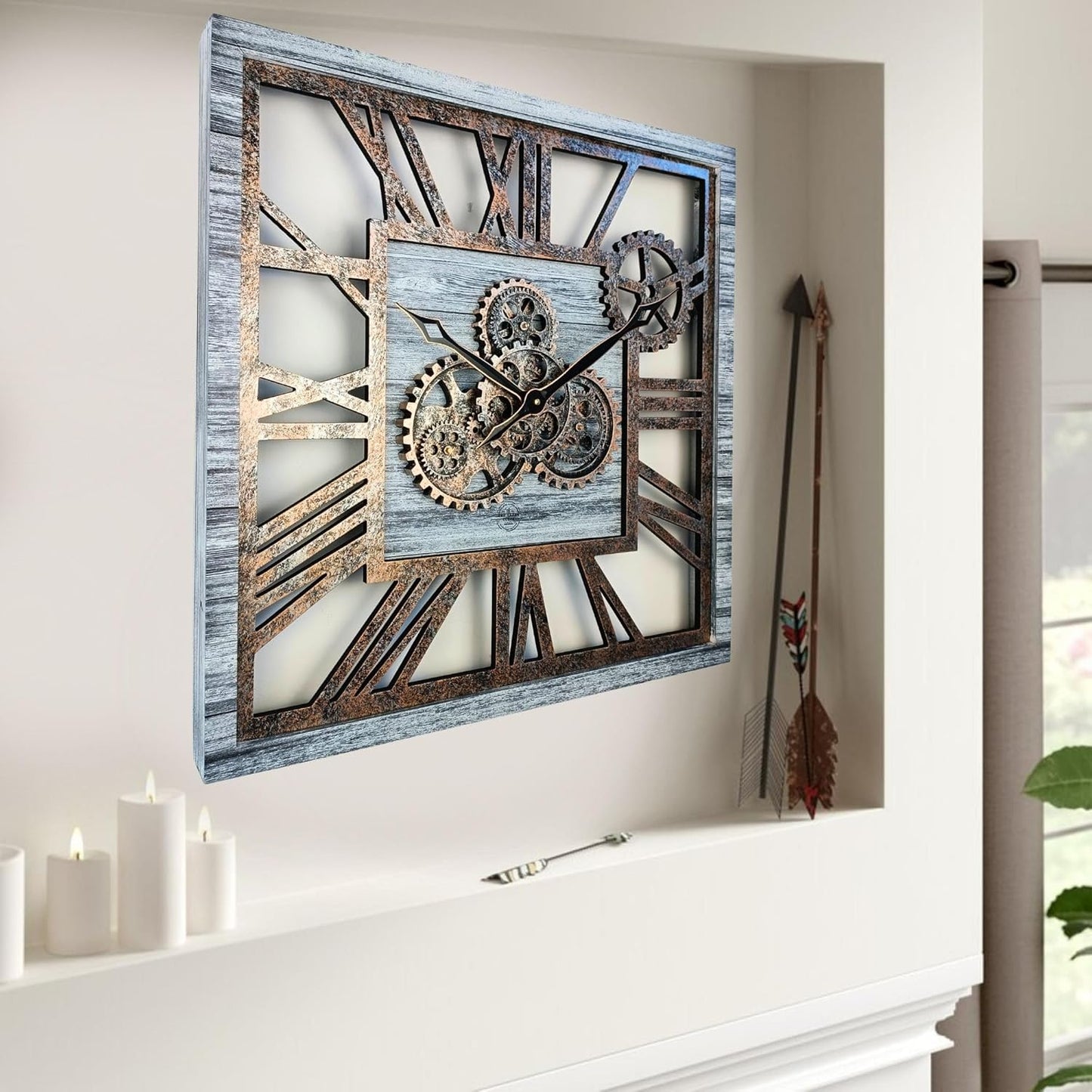 The Gears Clock 24'' Inch Square Real Moving Gear Wall Clock Vintage Industrial Oversized Rustic Farmhouse (Silver Grey)