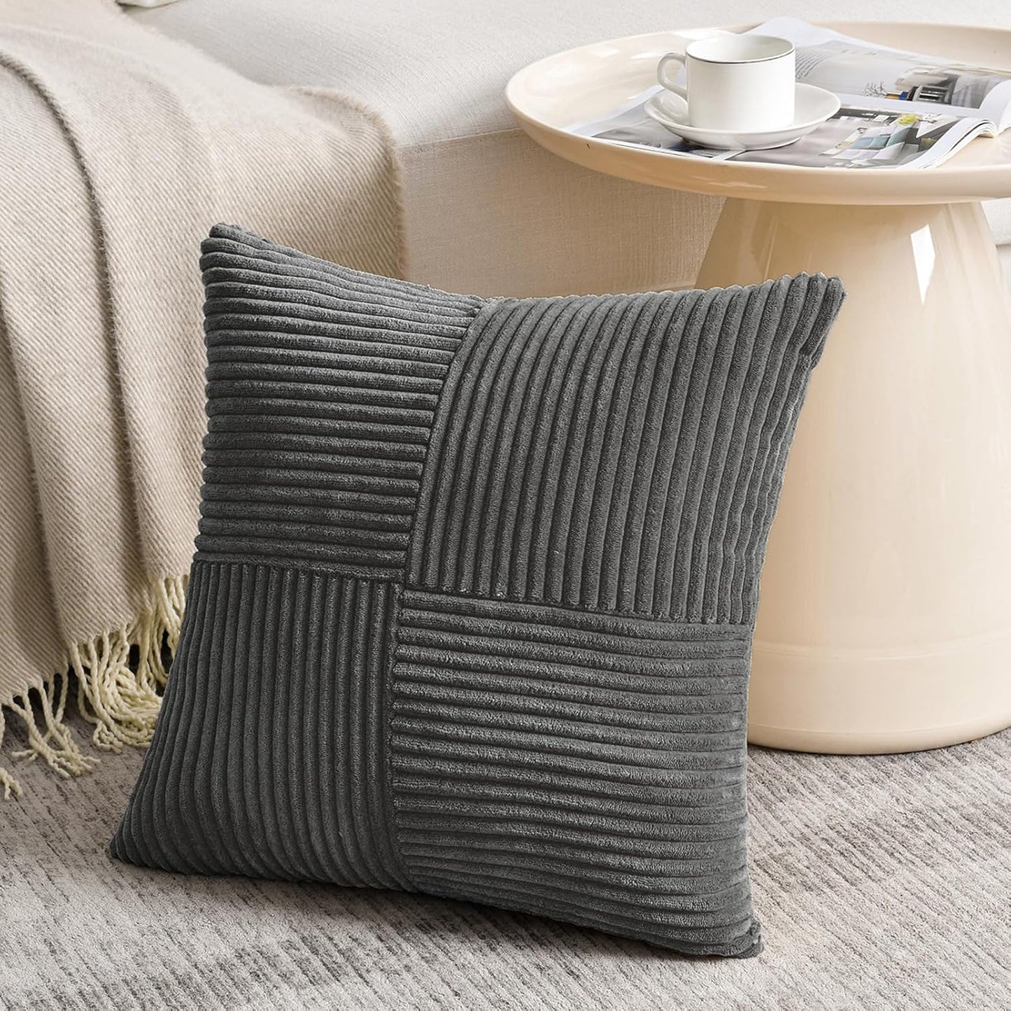 Fancy Homi 2 Packs Dark Gray Samll Decorative Throw Pillow Covers 14x14 Inch with for Couch Bed Sofa, Rustic Farmhouse Boho Home Decor, Soft Corss Patchwork Corduroy Square Cushion Case 35x35 cm