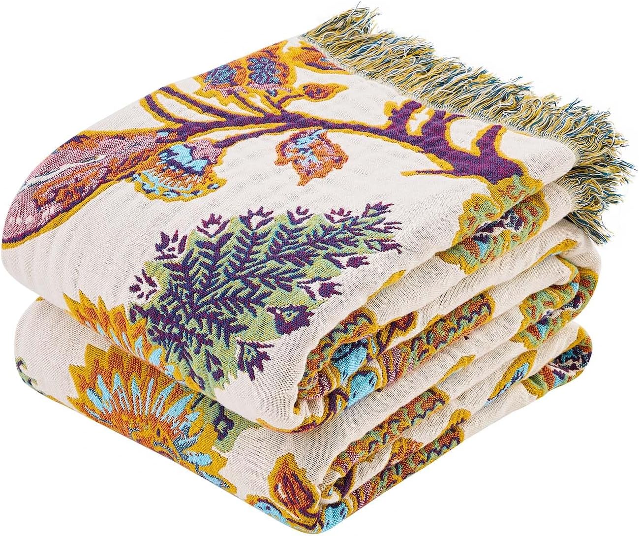 Boho Throw Blanket for Bed, 100% Cotton Soft Rustic Quilt Fall Blanket, 50"x60" Floral Printed Farmhouse Decor Bed Blankets, All Season Rustic Reversible Bohemian Throw Quilt