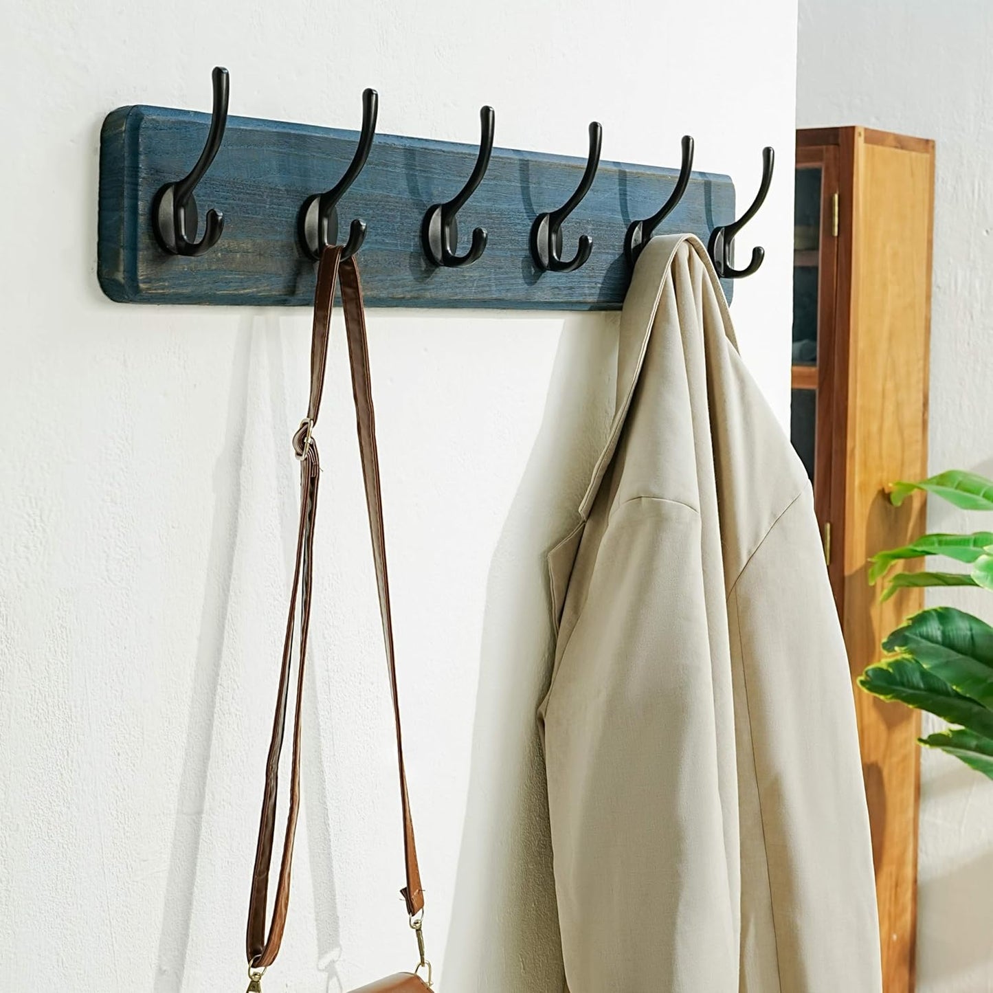 Dseap Coat Rack Wall: 24" Long, Patented, Heavy-Duty, 6-Double-Hooks Wooden Wall Mounted Coat Rack Coat Hanger Hook Rail for Winter Coats Hat Jacket Clothing, Weathered Blue