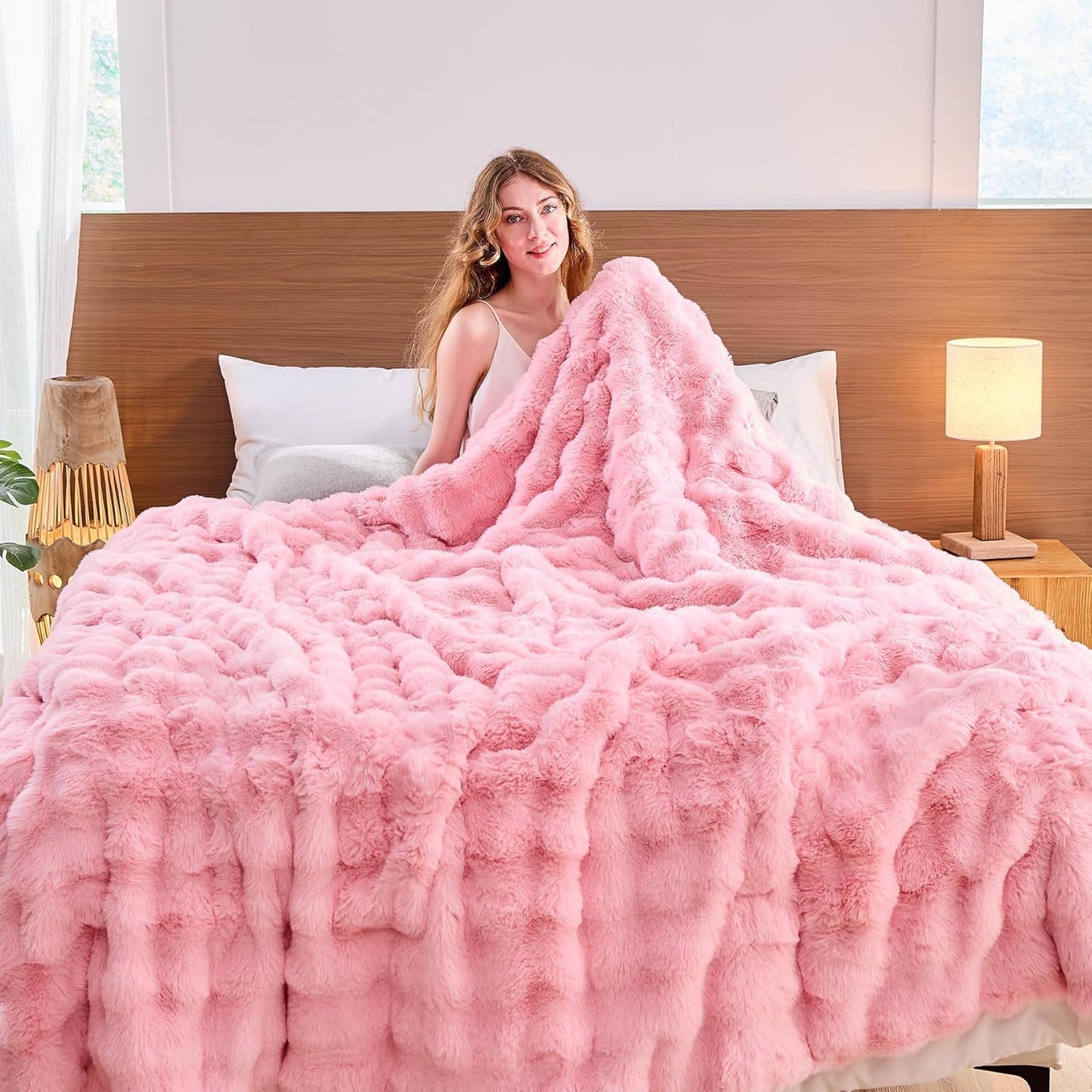 Lotus Karen Faux Fur Throw Blanket Pink - Big Bubble Rabbit Fluff Blanket for Couch, Sall Fluffy Fuzzy Cozy Blanket,Thick Furry Plush Shaggy Blankets,60x80 Inches