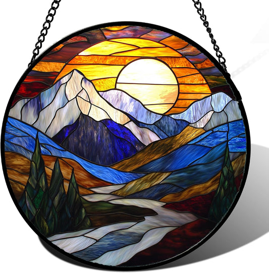 Stained Glass Window Hanging, Yellow Blue Sunset Mountains Scenery Sun Catcher for Window Home Decor Landscape Suncatcher Mother's Day Birthday Gifts for Women Men Mom and Nana 9.8 in