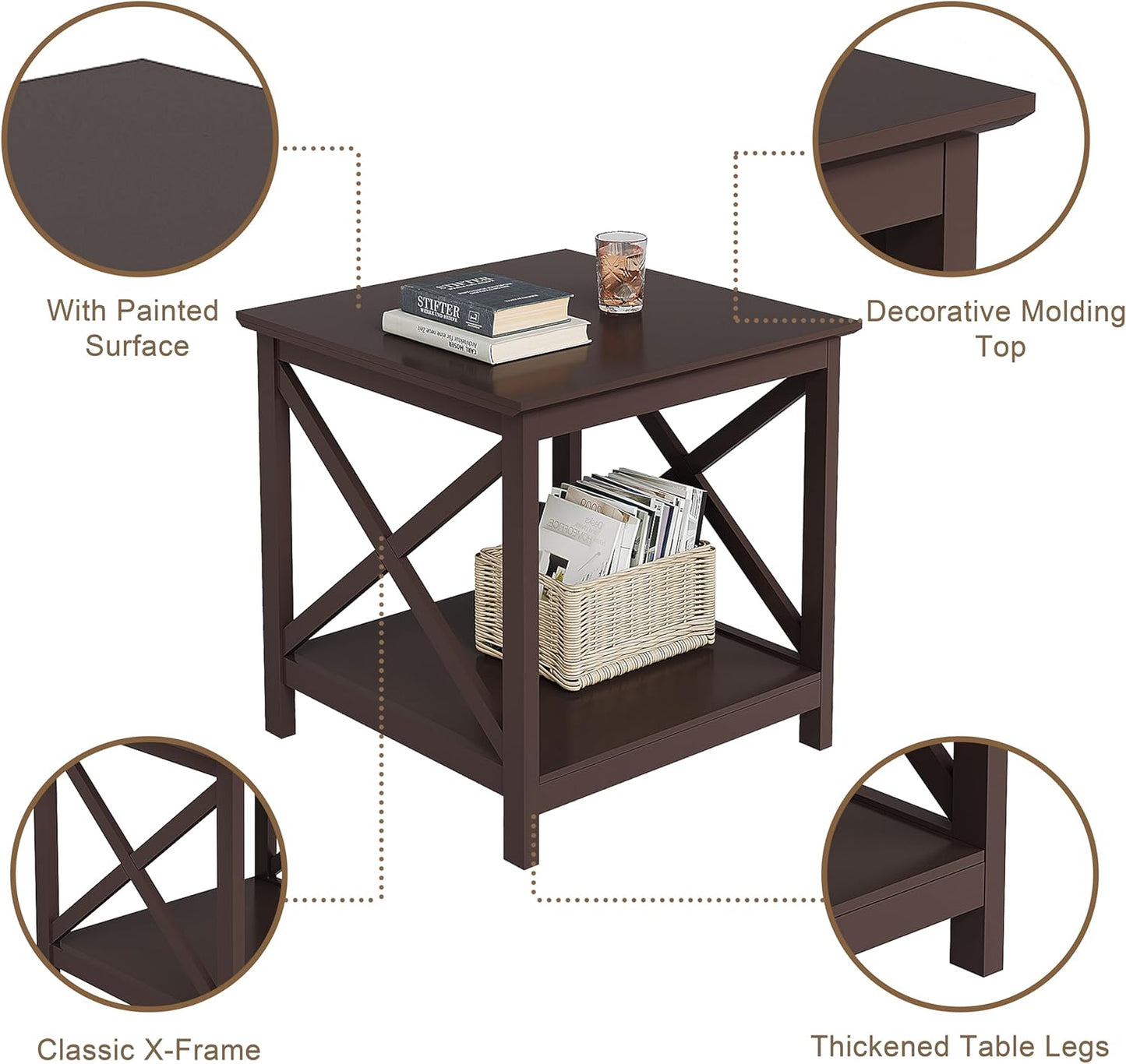 ChooChoo End Table, 24 Inch End Table with 2-Tier Storage Shelf, Side Table for Living Room, Wood Nightstand for Bedroom, Office, Painted Surface, Espresso