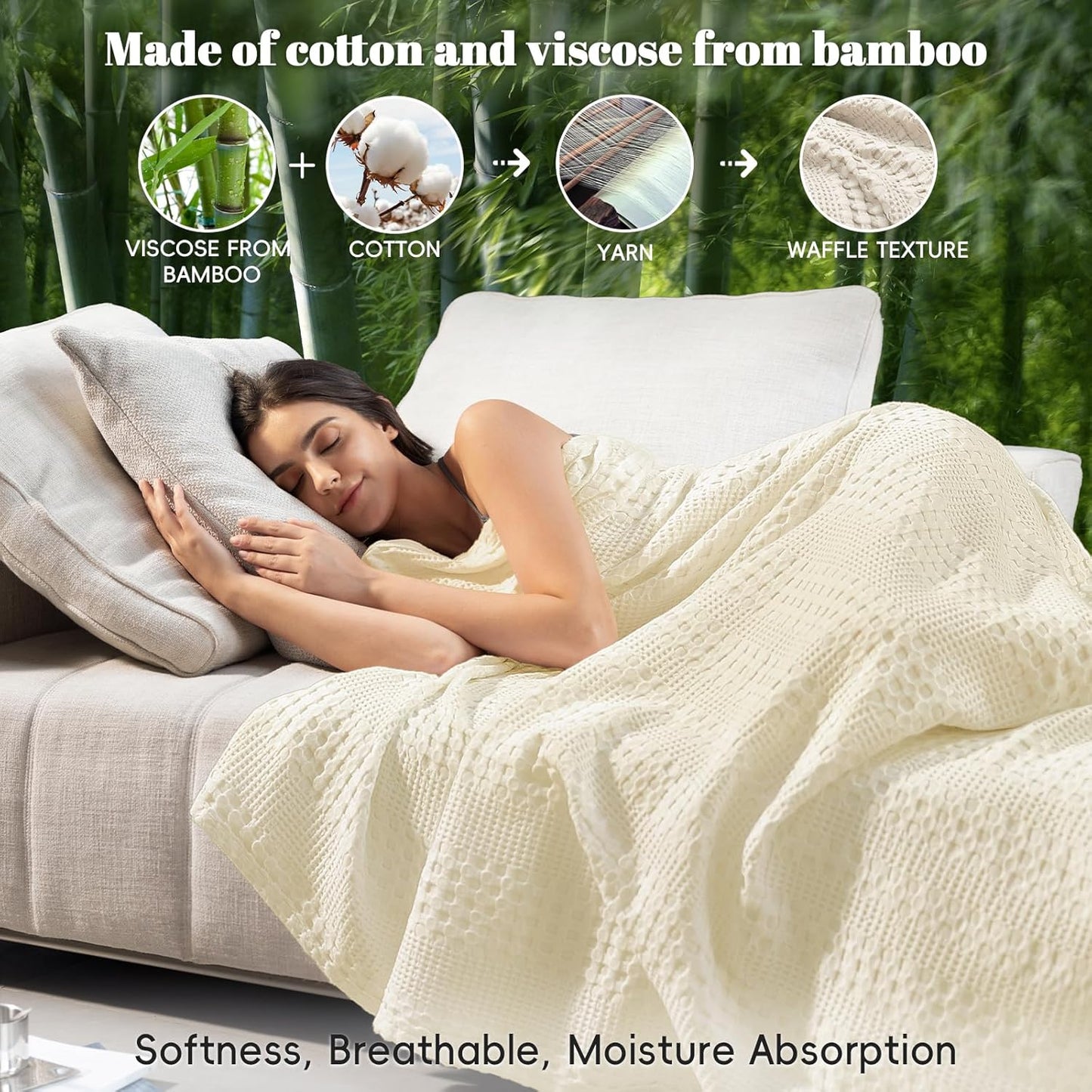 PHF Cooling Waffle Blanket Twin Size, Lightweight 60% Rayon Derived Bamboo & 40% Cotton Breathable Blanket for Hot Sleepers, Soft and Luxury for Bed Couch and Sofa, 66"x90", Ivory