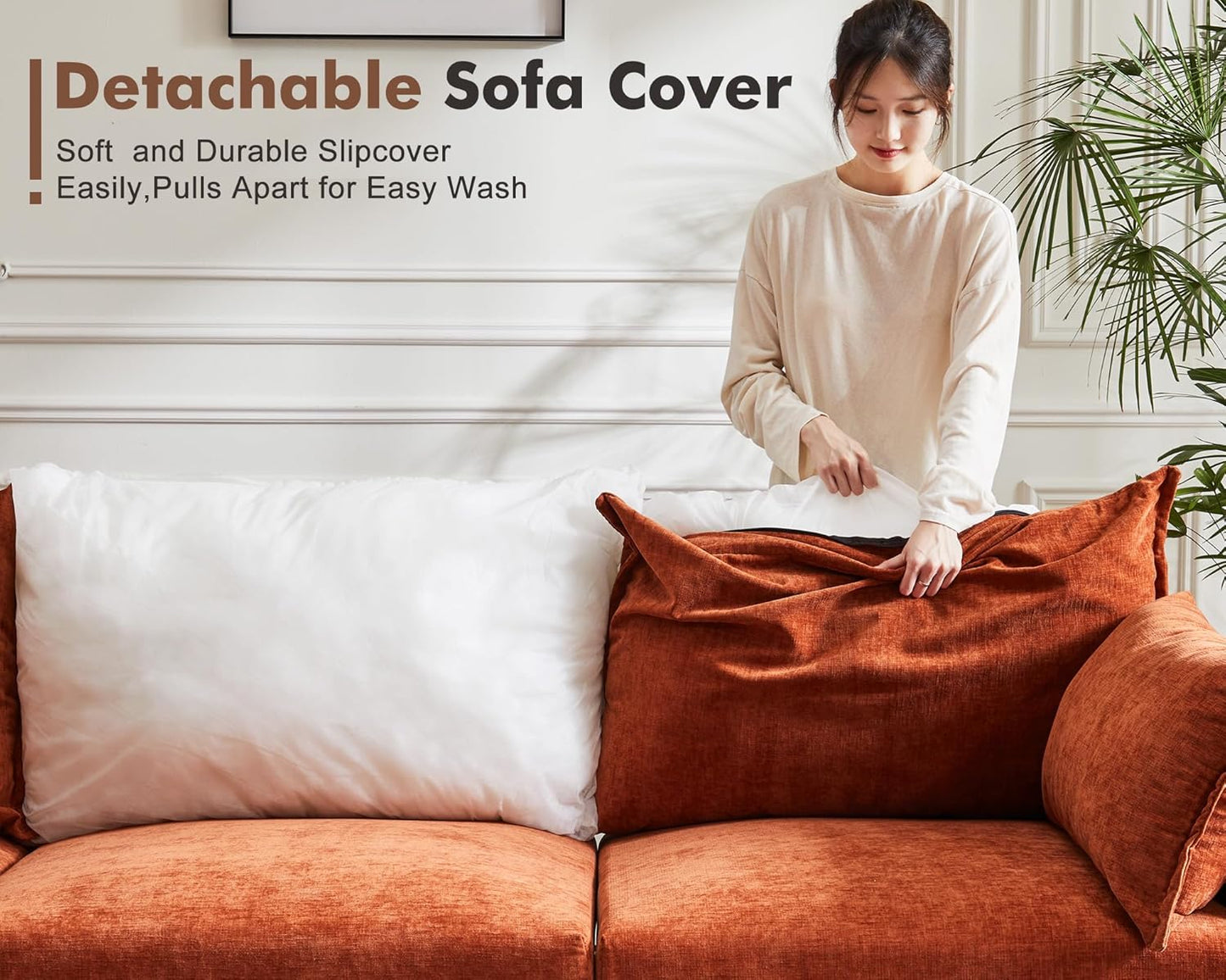 102.6" U Shaped Modular Sectional Sofa, 5 Seater Couch with Storage Ottoman Deep Seat and High Backrest with Removable Cover for Living Room, Apartment - Chenille Terracotta Orange