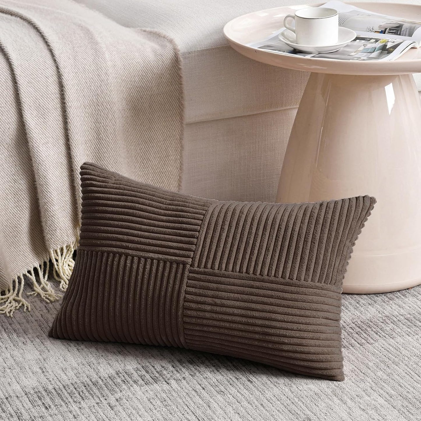 Fancy Homi 2 Packs Dark Brown Long Lumbar Decorative Throw Pillow Covers 12x24 Inch for Couch Bed Sofa, Rustic Farmhouse Boho Home Decor, Soft Striped Corduroy Rectangle Accent Cushion Case 30x60 cm