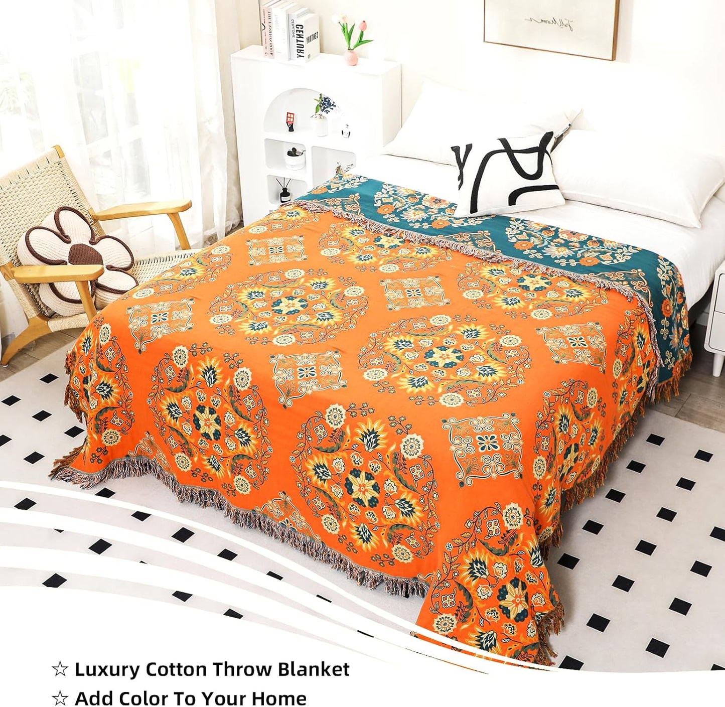 Boho Large Throw Blanket, 100% Organic Cotton Breathable Soft Bed Throw - Floral Farmhouse Decor Blanket for Sofa Couch Chair and Gift. 91" x 98"- Orange