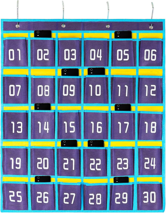 Loghot Classroom Accessories Closet Pocket Chart for Cell Phones Holder Wall Door Hanging Organizer (30 Pockets Blue)