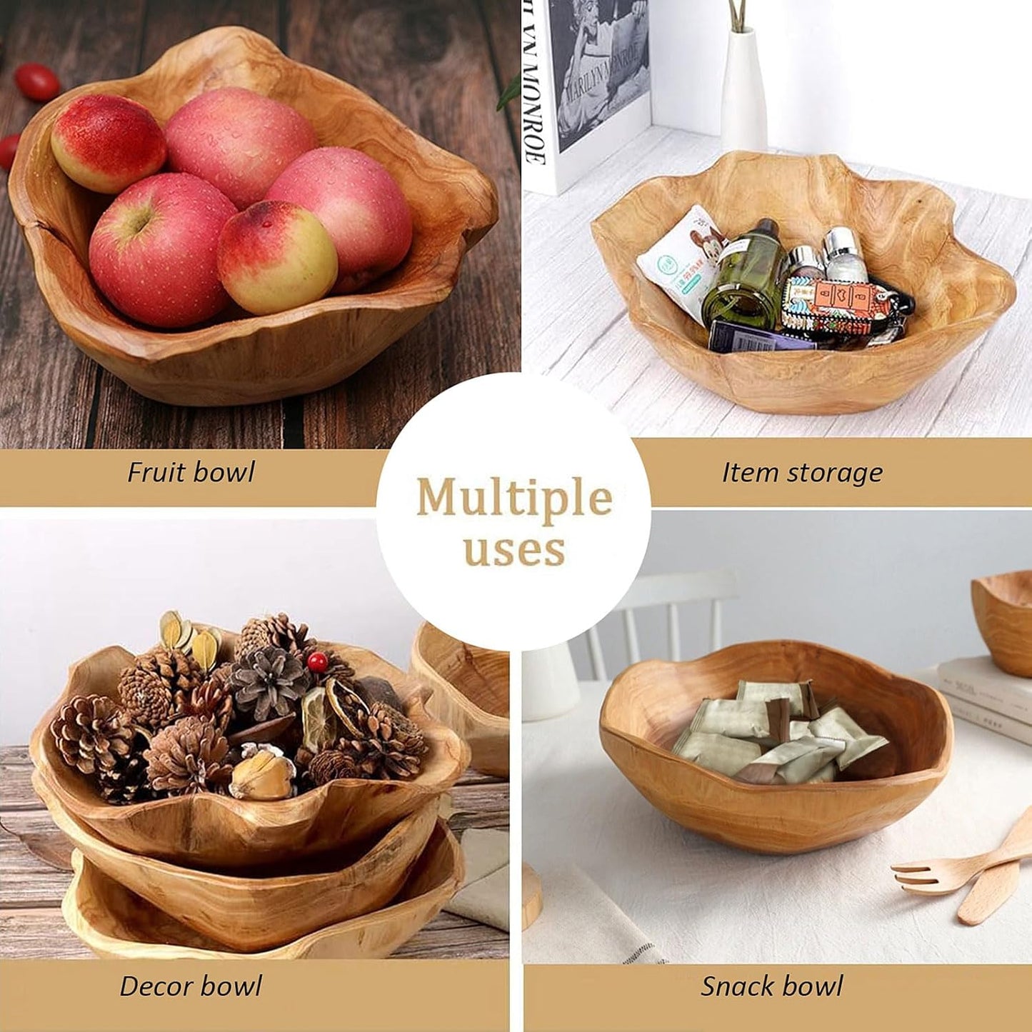 Wooden Bowl Decorative Natural Wood Fruit Bowl, Irregular Creative Wood Bowls, Rustic Hand Carved Candy Snack Keys Serving Bowls for Home Decor (6"-8" Diameter)