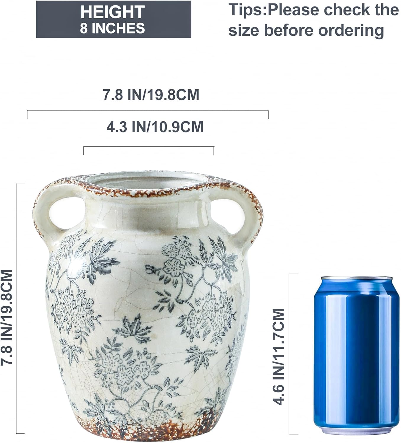 Enra Vintage vase with Handle,Blue and White Ceramic Decorative Flower vase, Chinoiserie Floral Vase,Large Rustic Vases for Home Decors, Living Room, Bookshelf, Office,7.8 in