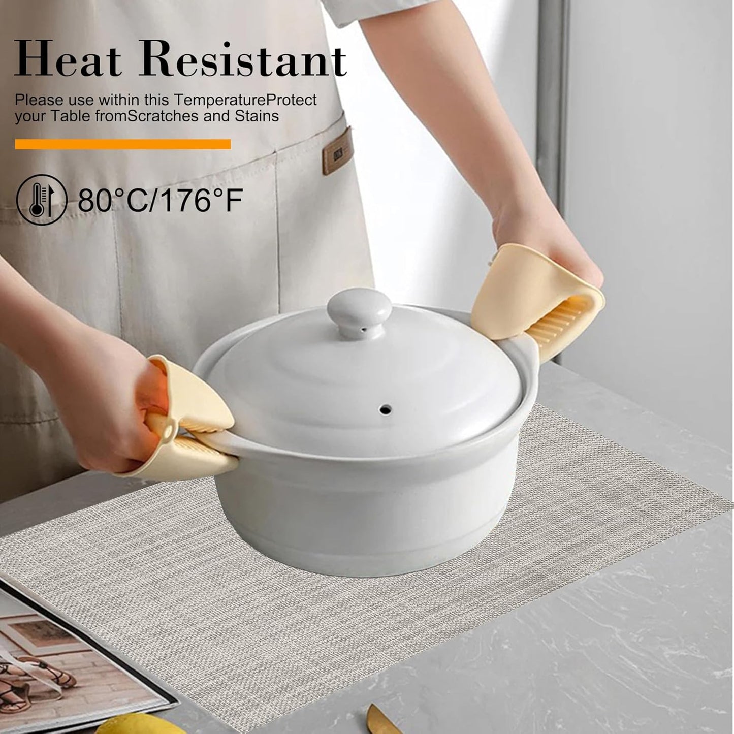 Placemats Set of 6 Washable Indoor/Outdoor Vinyl Place Mats for Dining Table Durable Non-Slip Heat Resistant PVC Weave Table Mats(Gray Black)